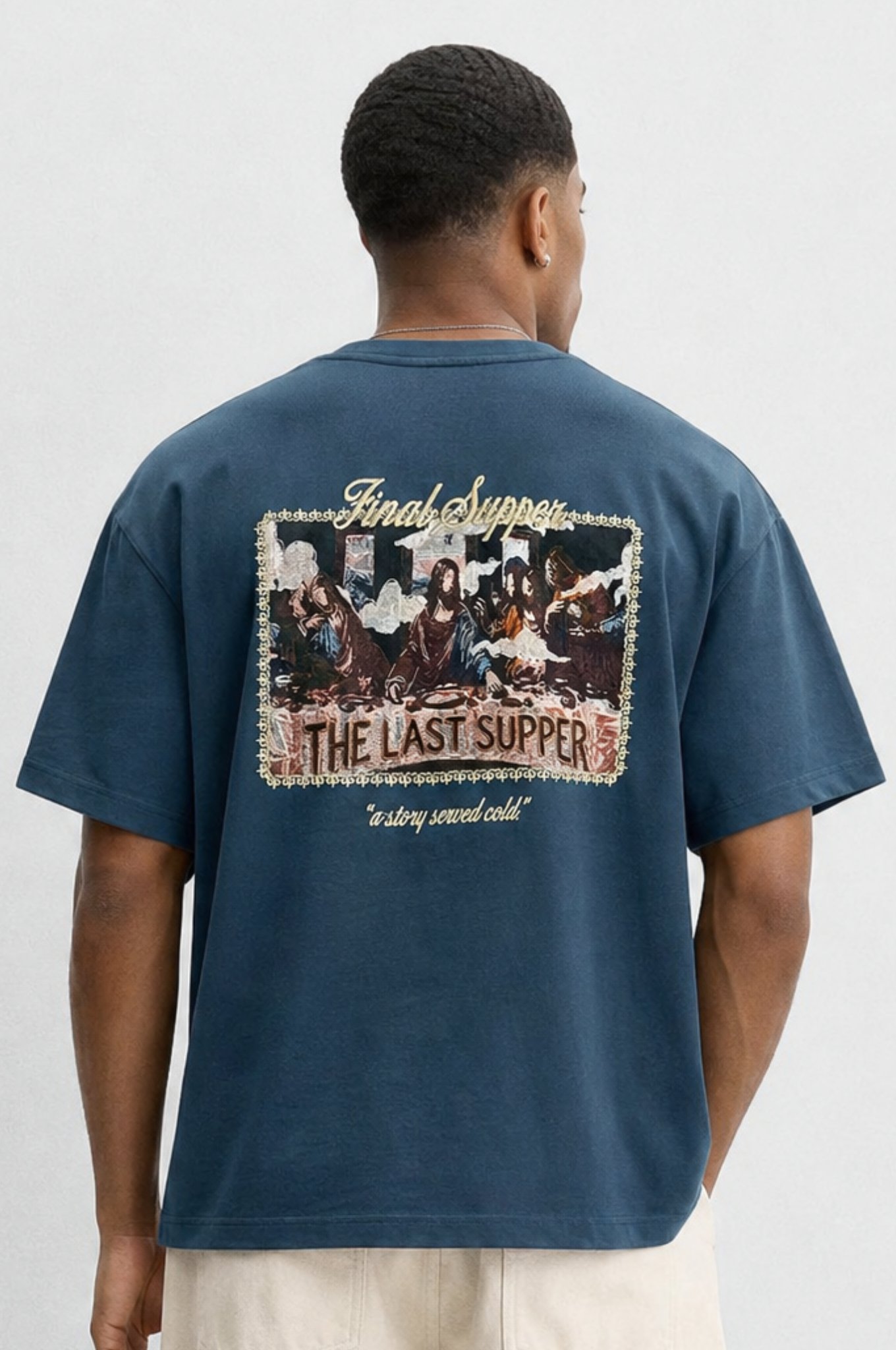 Erkek Final Supper Nakışlı Oversize T-Shirt Petrol