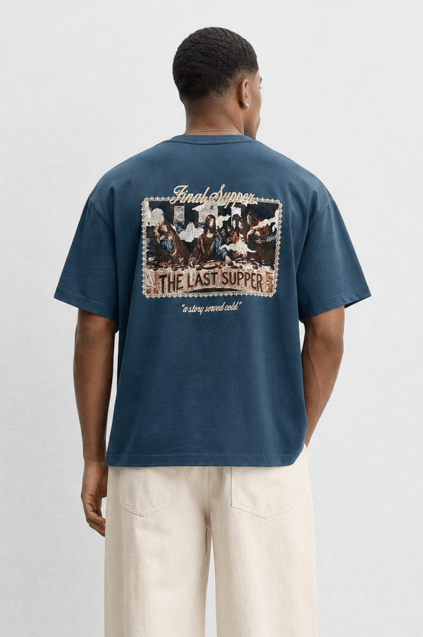 Erkek Final Supper Nakışlı Oversize T-Shirt Petrol