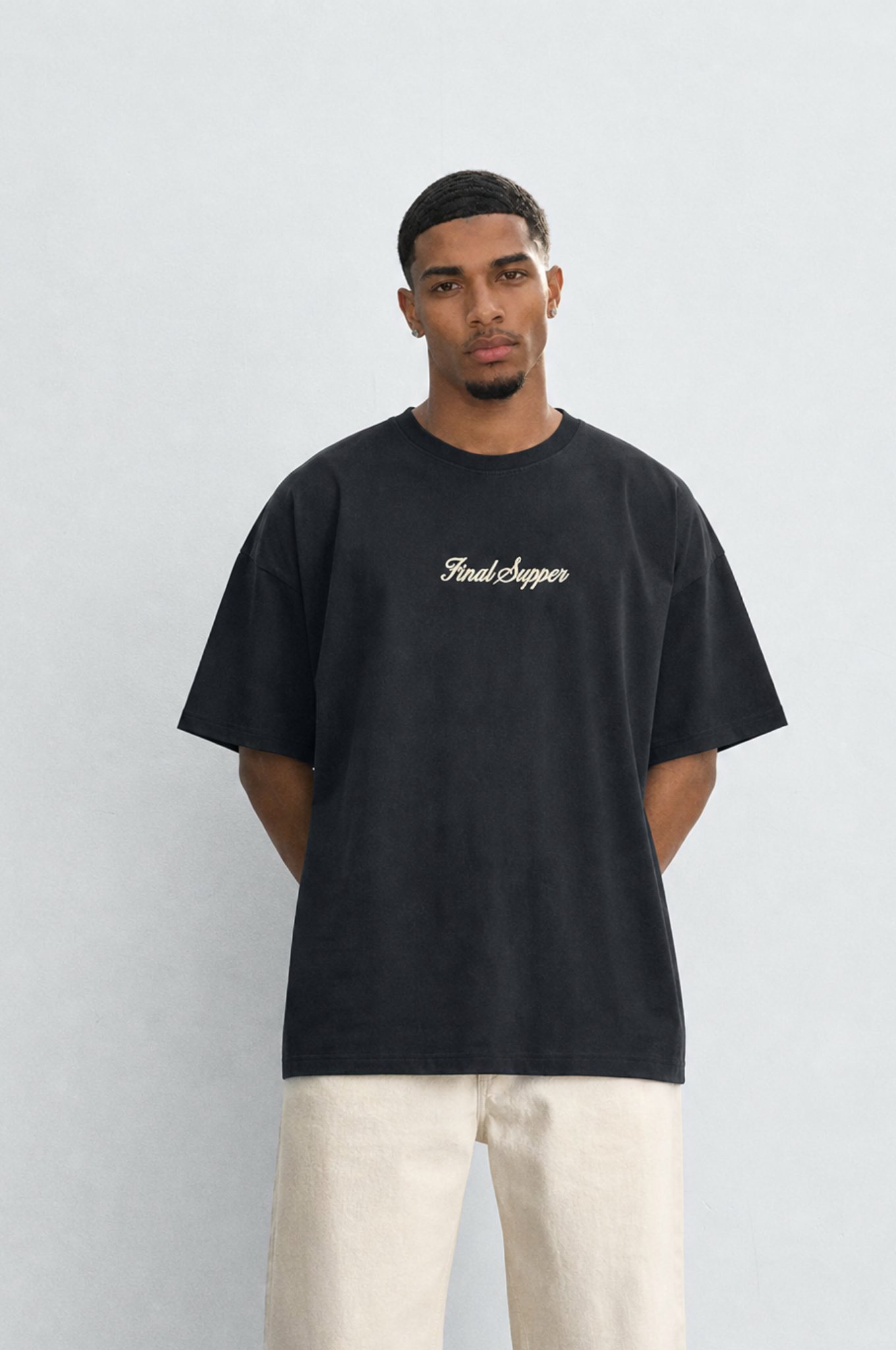 Erkek Final Supper Nakışlı Oversize T-Shirt Siyah