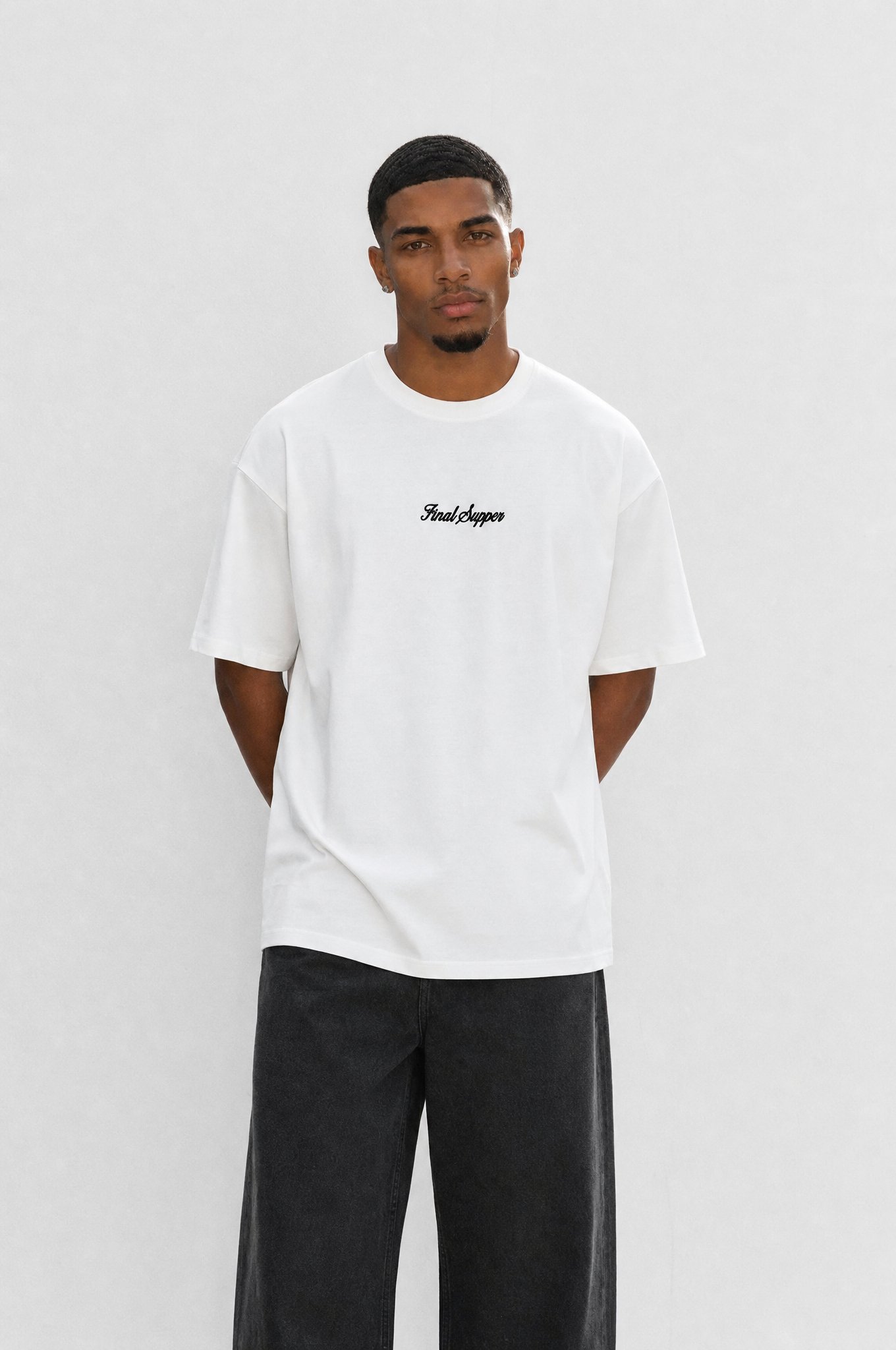 Erkek Final Supper Nakışlı Oversize T-Shirt Ekru
