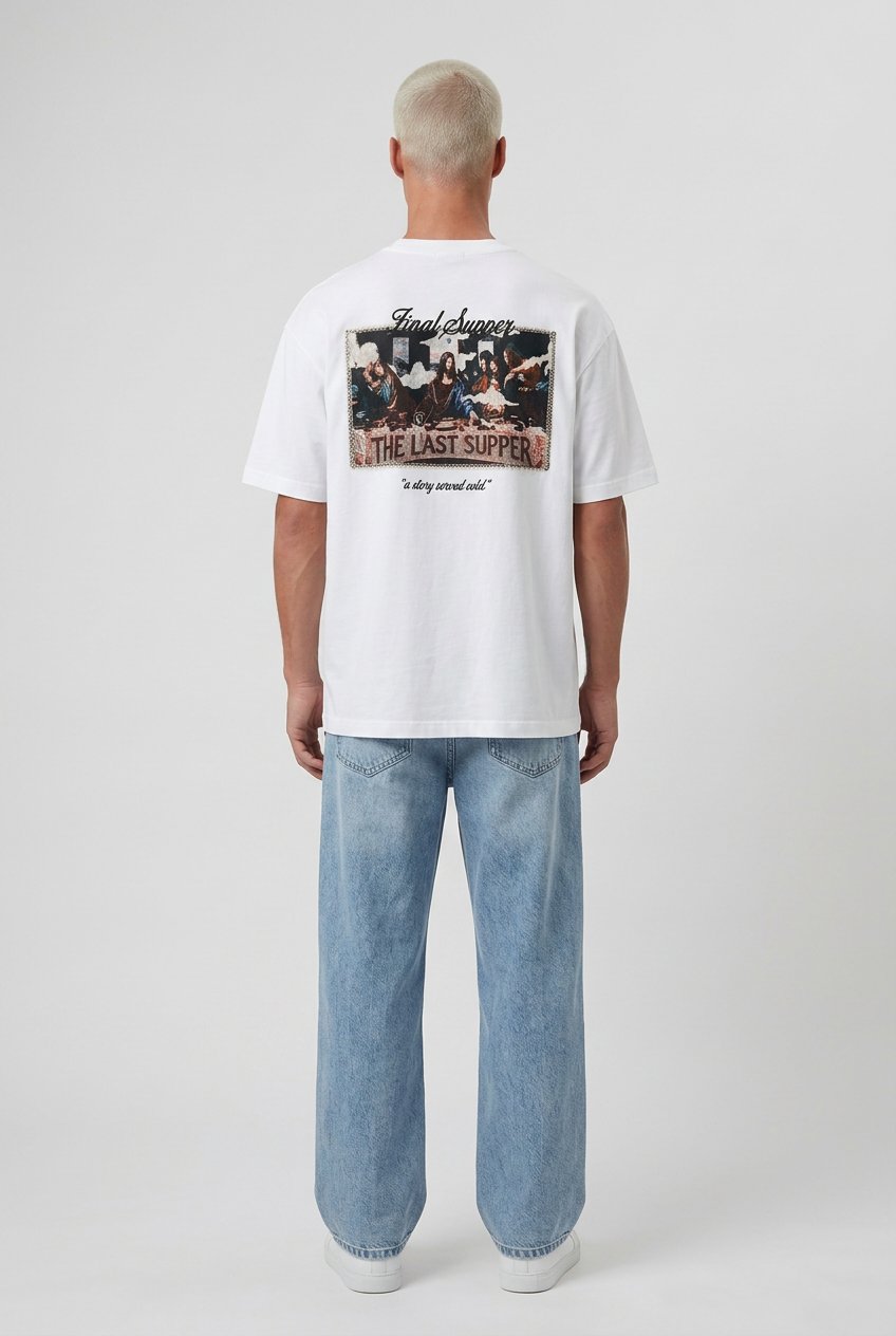 Erkek Final Supper Nakışlı Oversize T-Shirt Ekru