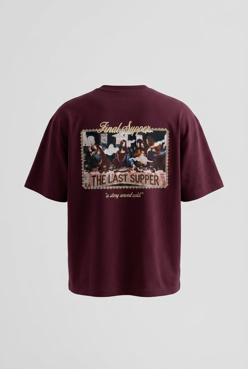 Erkek Final Supper Nakışlı Oversize T-Shirt Bordo