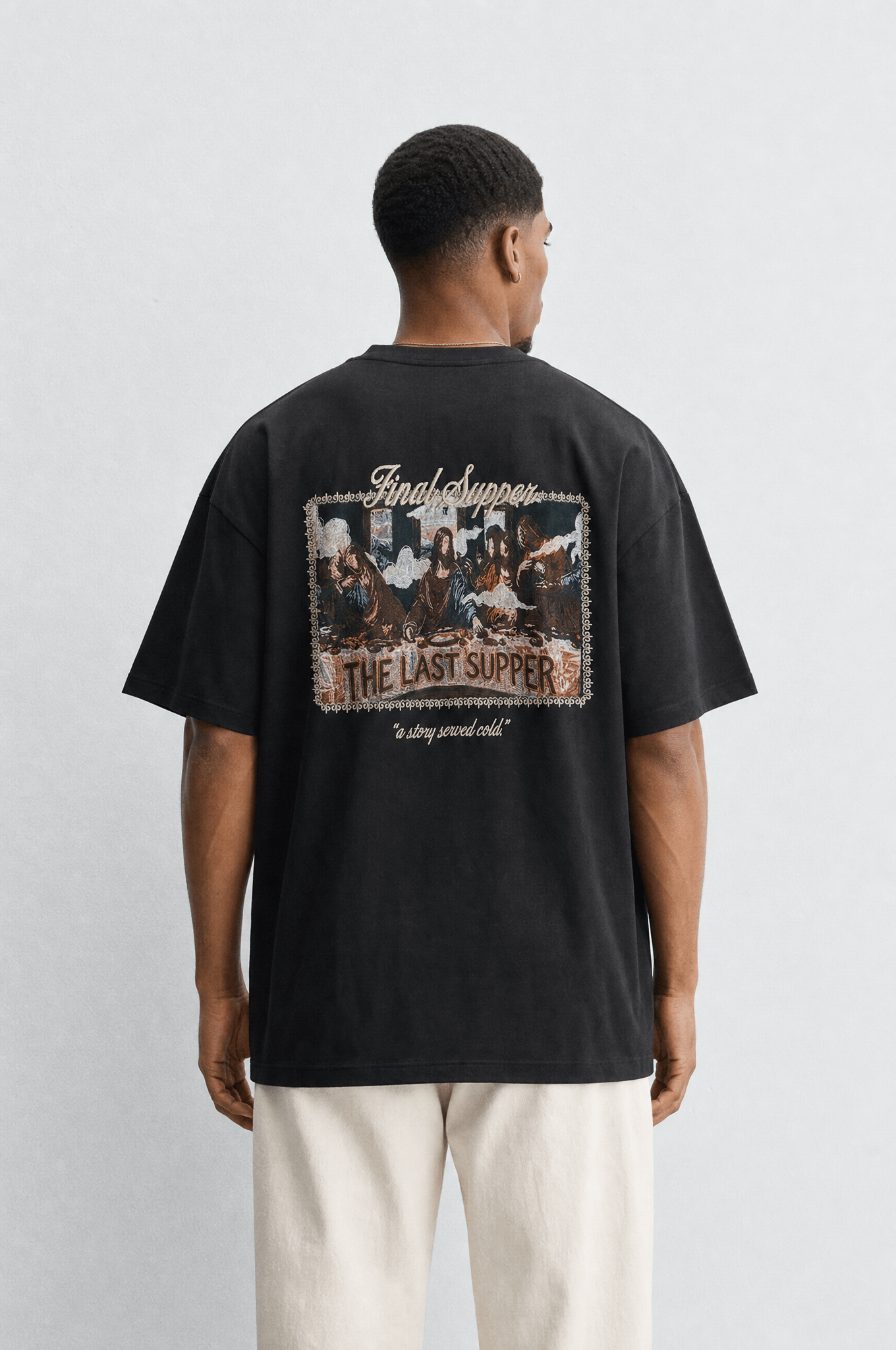 Erkek Final Supper Nakışlı Oversize T-Shirt Siyah
