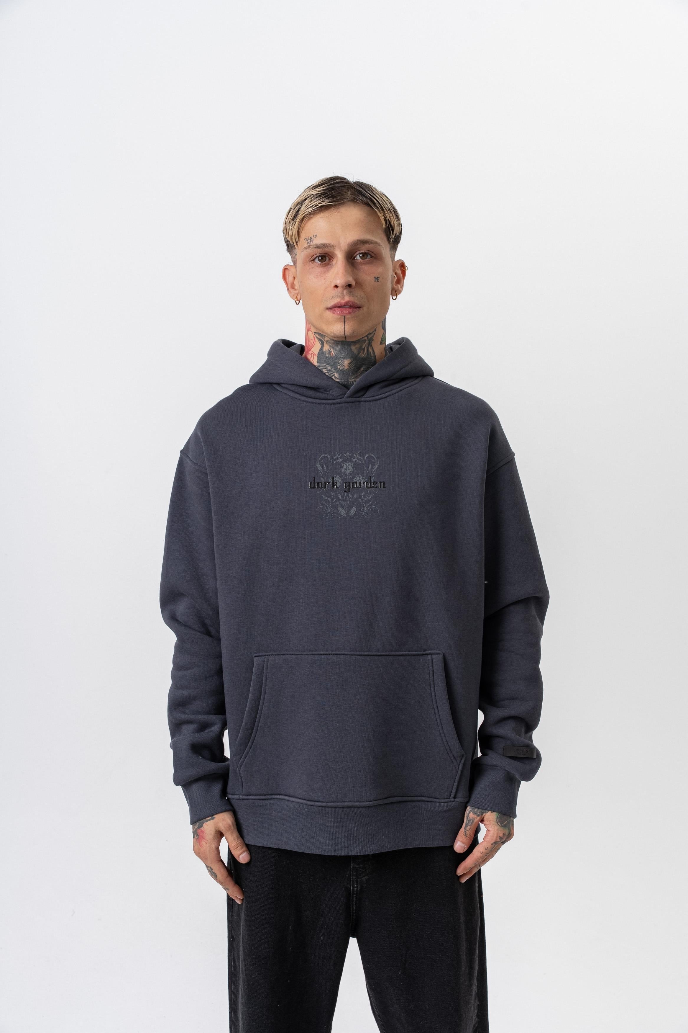 Erkek Garden Baskılı Kapüşonlu Oversize Hoodie Füme
