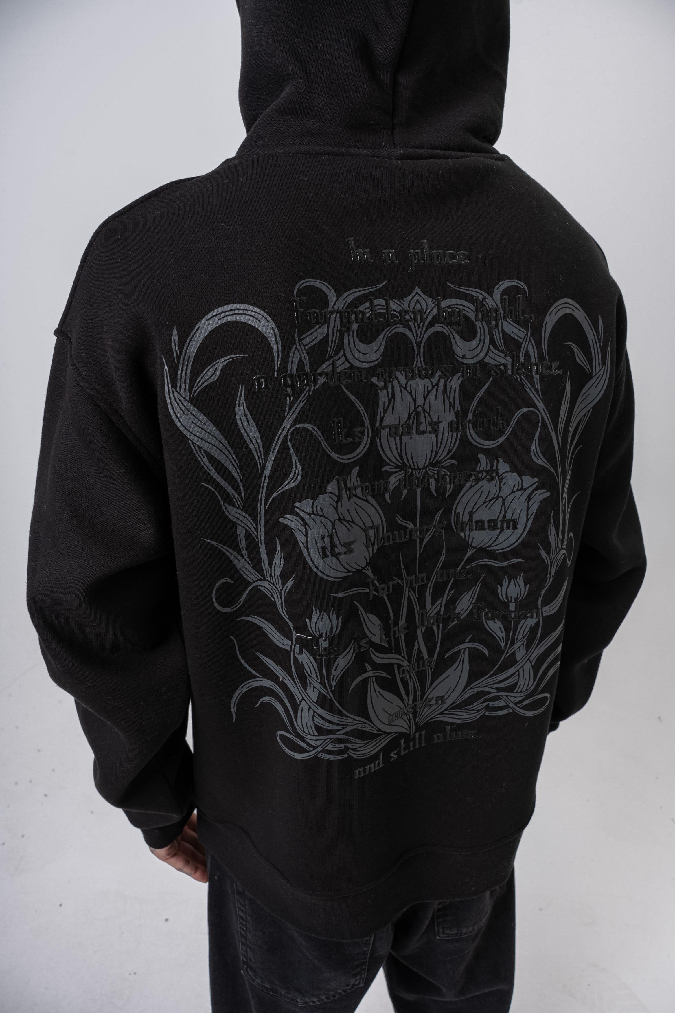 Erkek Garden Baskılı Kapüşonlu Oversize Hoodie Siyah