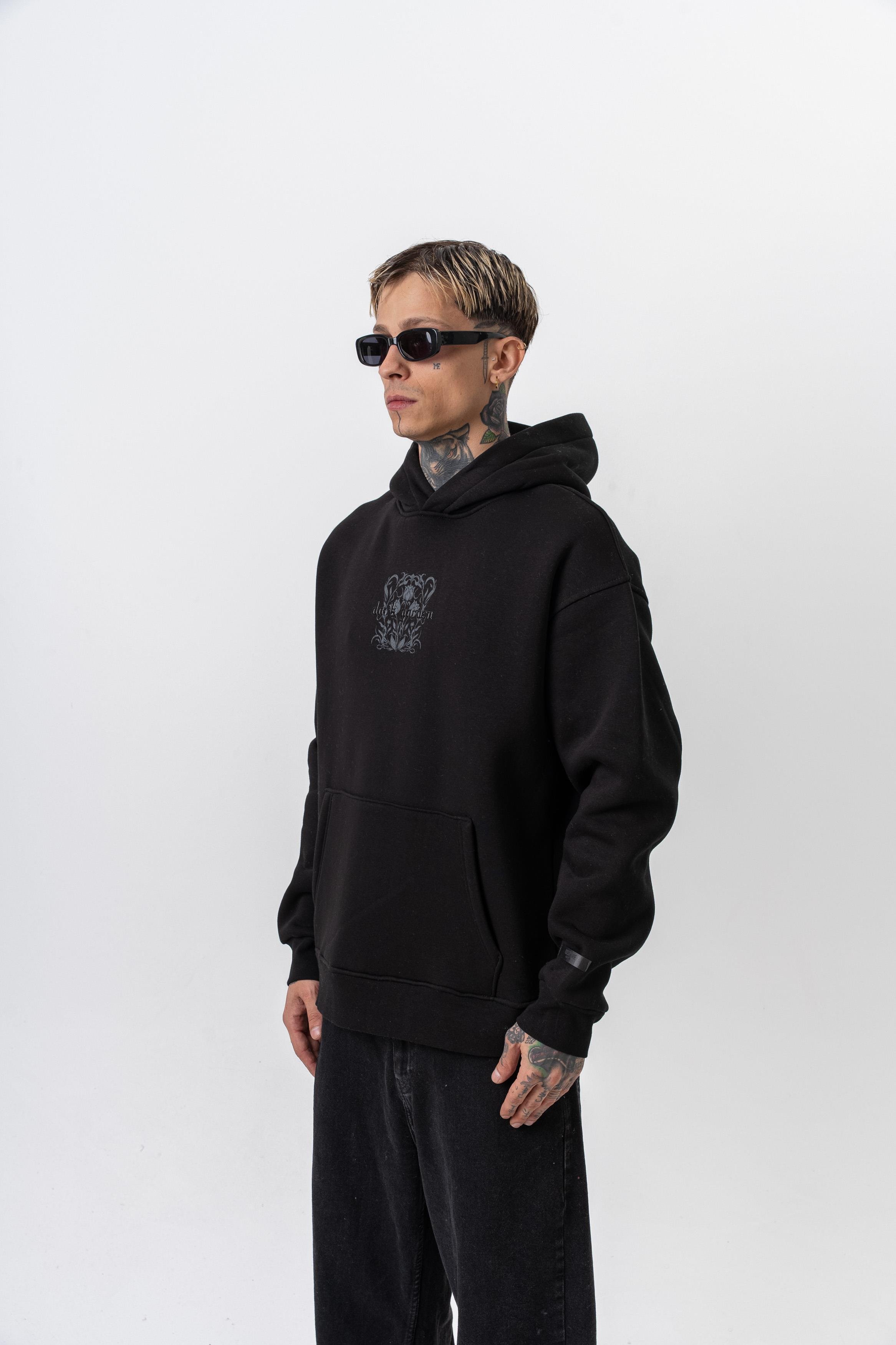 Erkek Garden Baskılı Kapüşonlu Oversize Hoodie Siyah