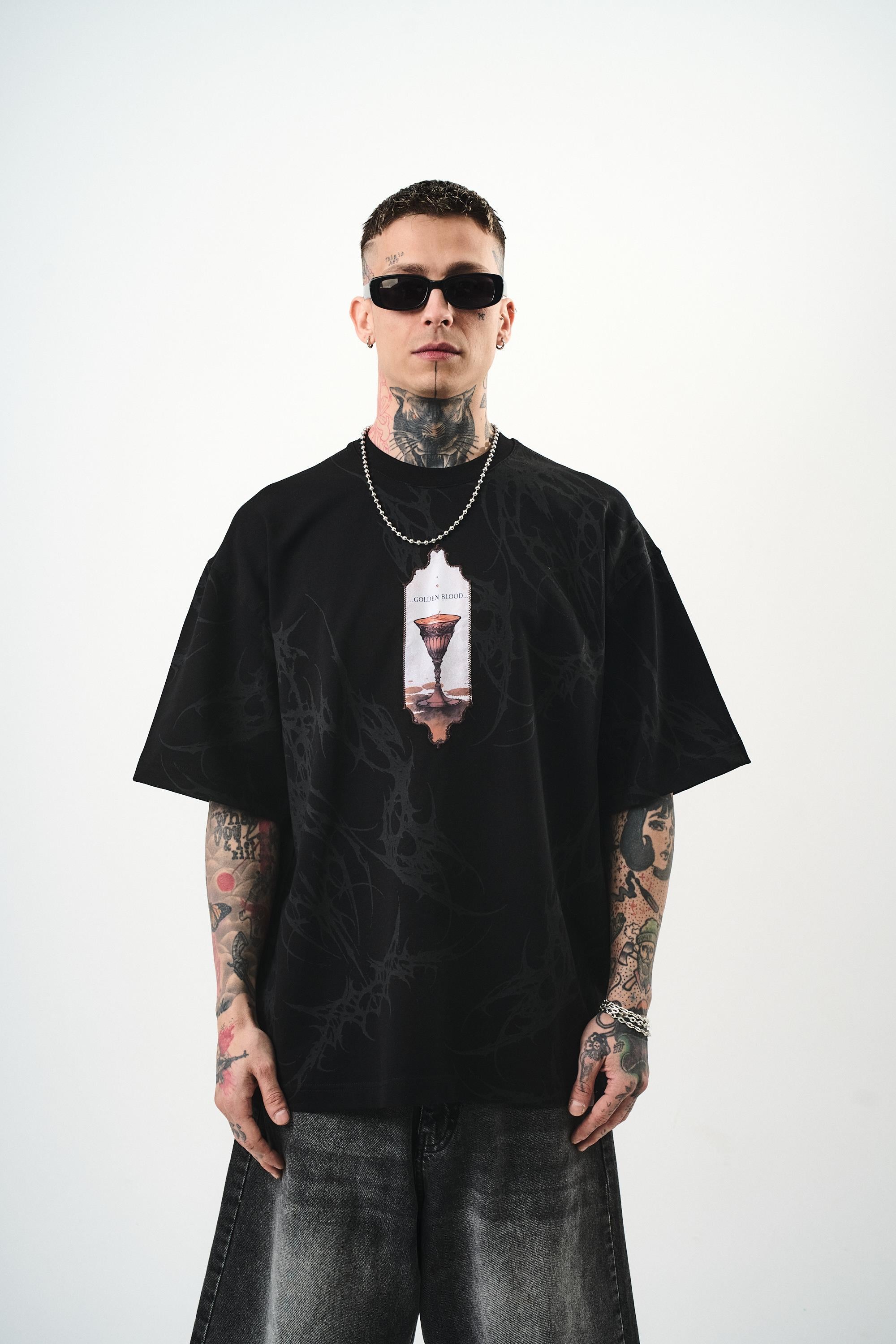 Erkek Golden Baskılı Oversize T-Shirt Siyah