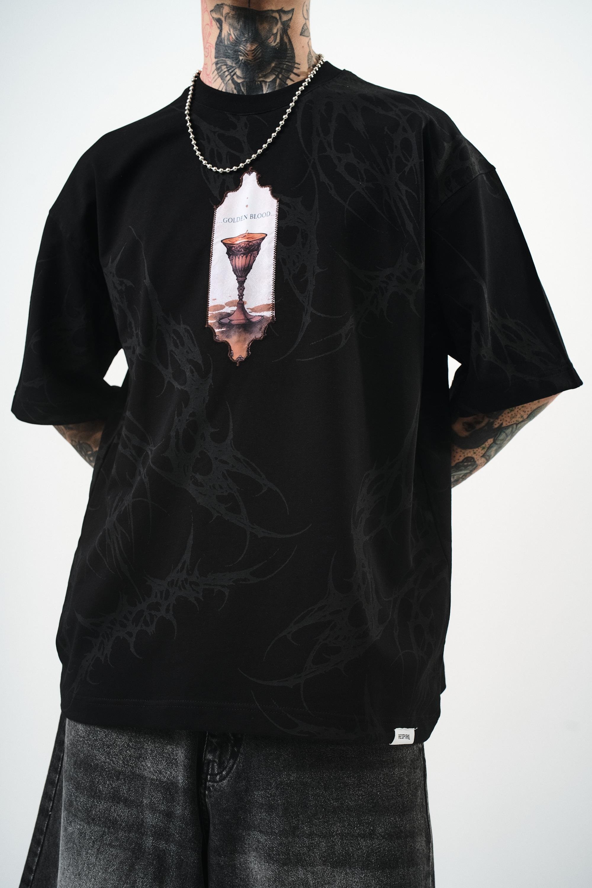Erkek Golden Baskılı Oversize T-Shirt Siyah