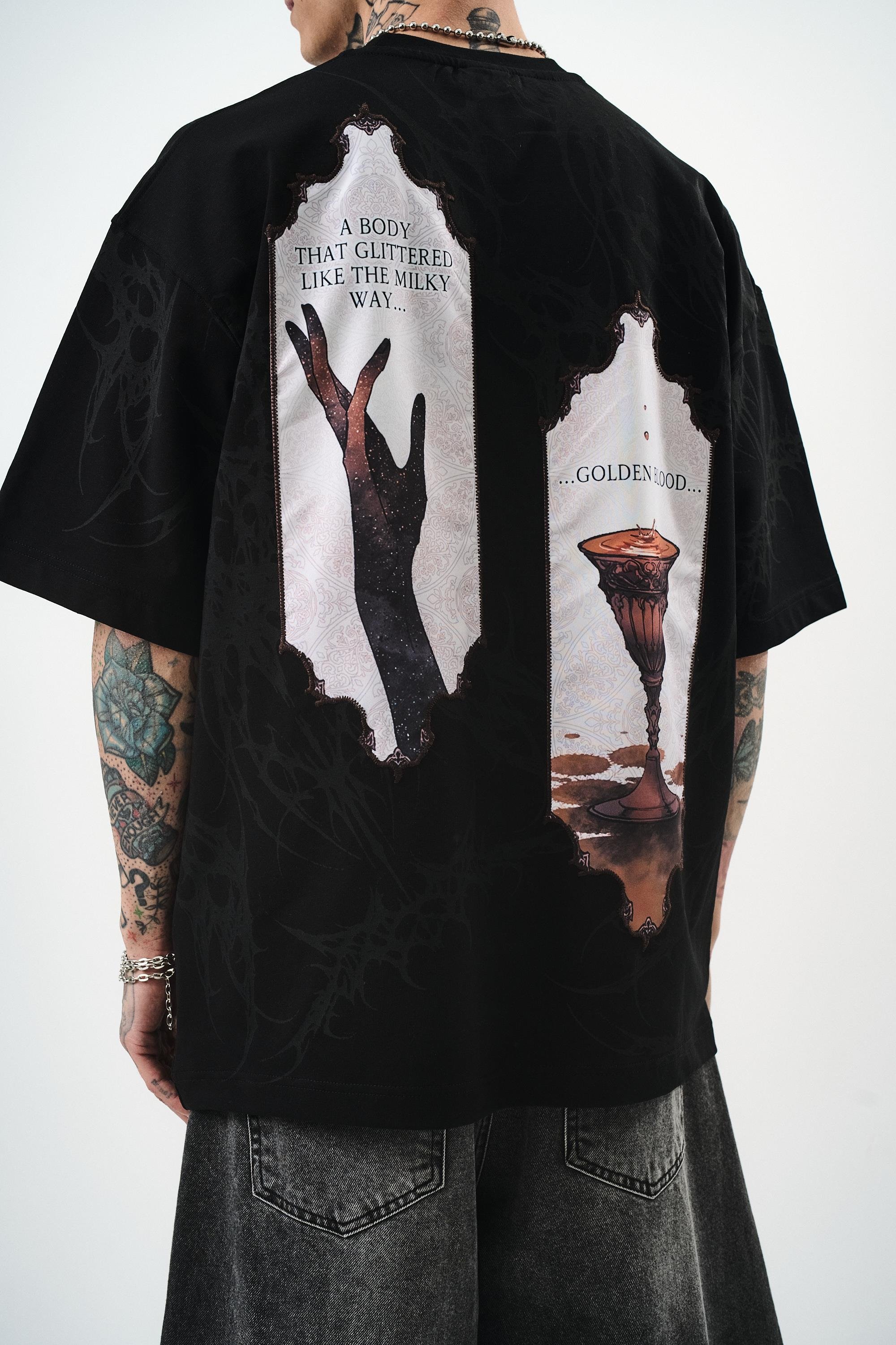 Erkek Golden Baskılı Oversize T-Shirt Siyah