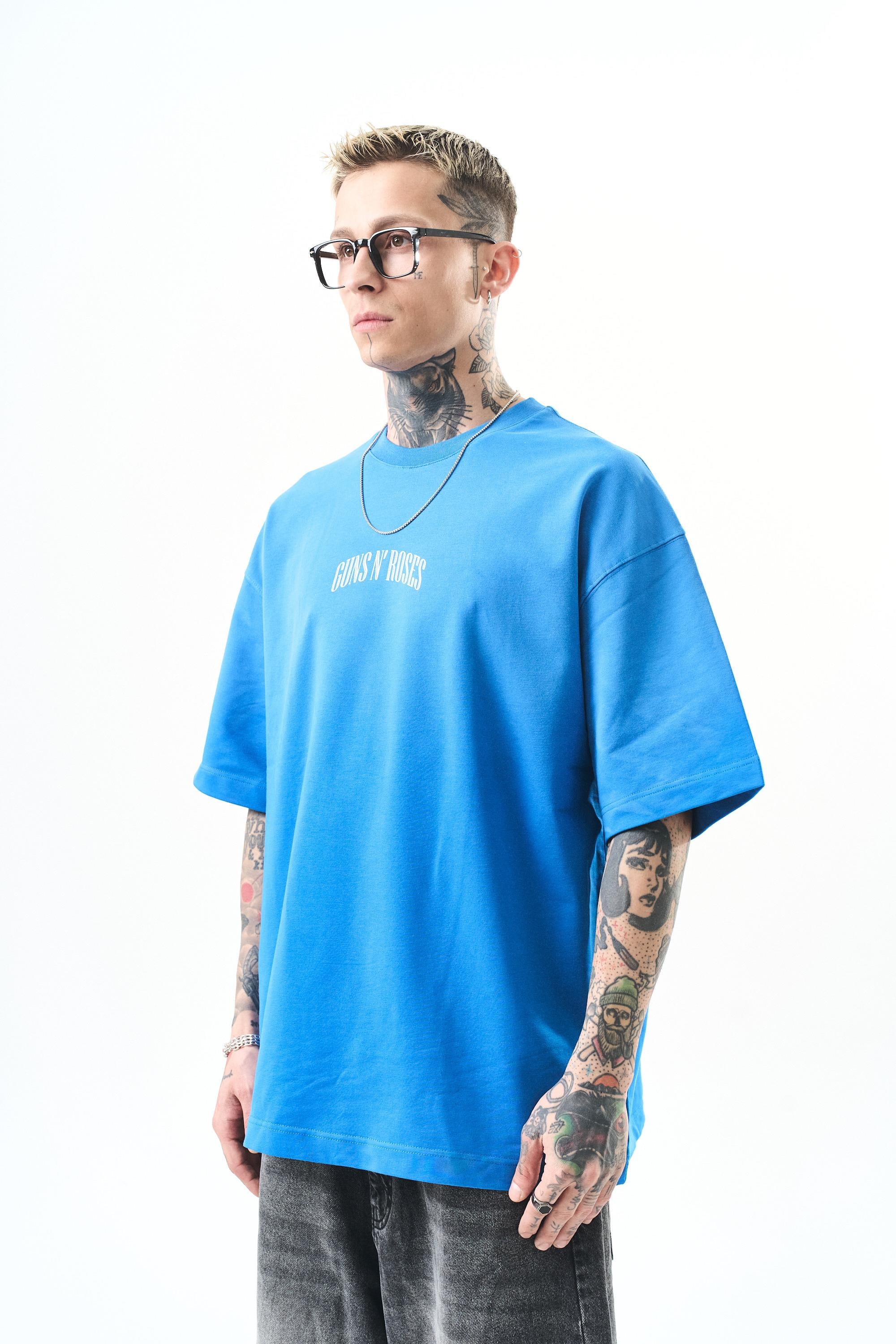 Erkek Guns Roses Baskılı Oversize T-Shirt Mavi