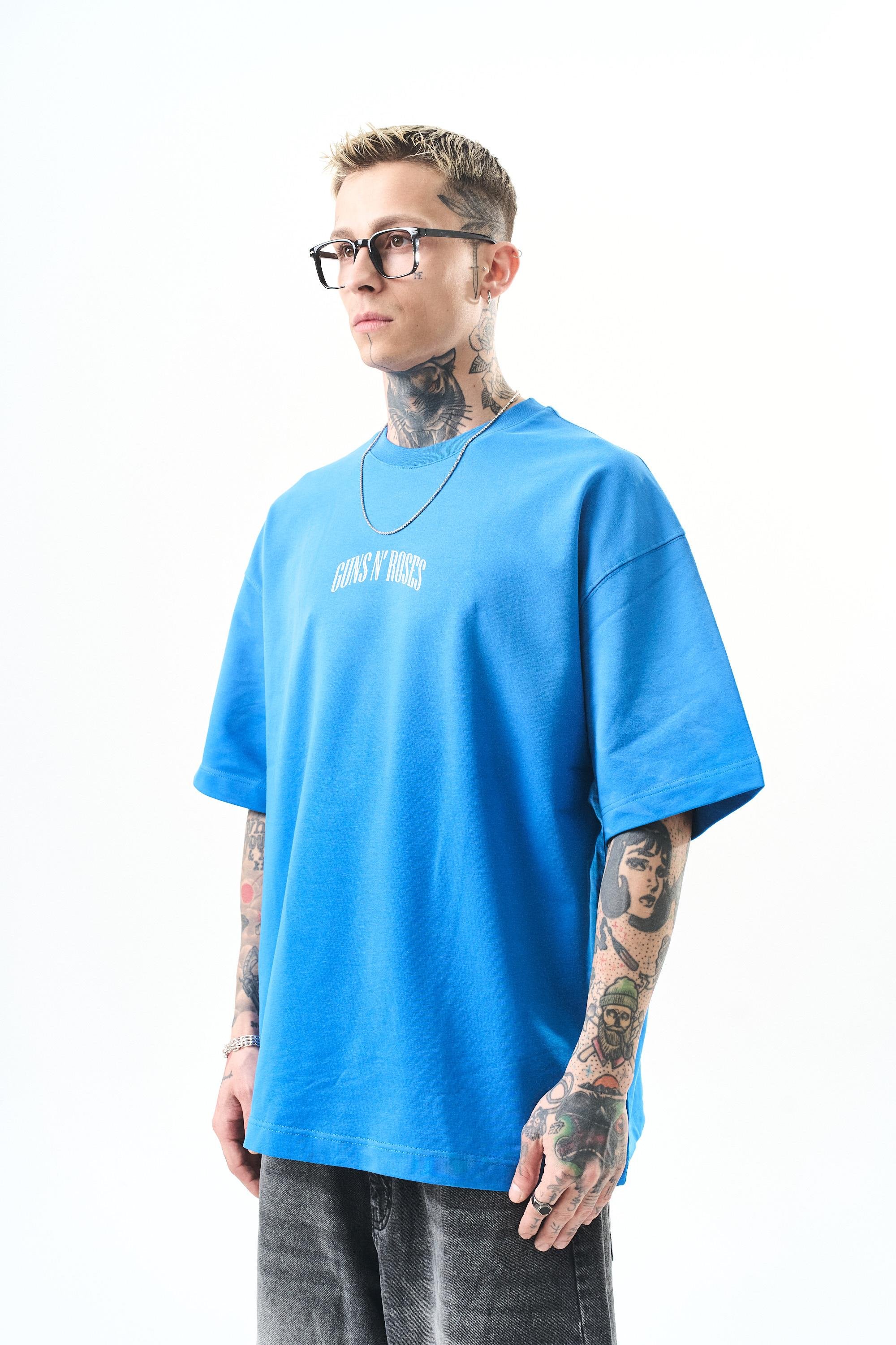 Erkek Guns Roses Baskılı Oversize T-Shirt Mavi