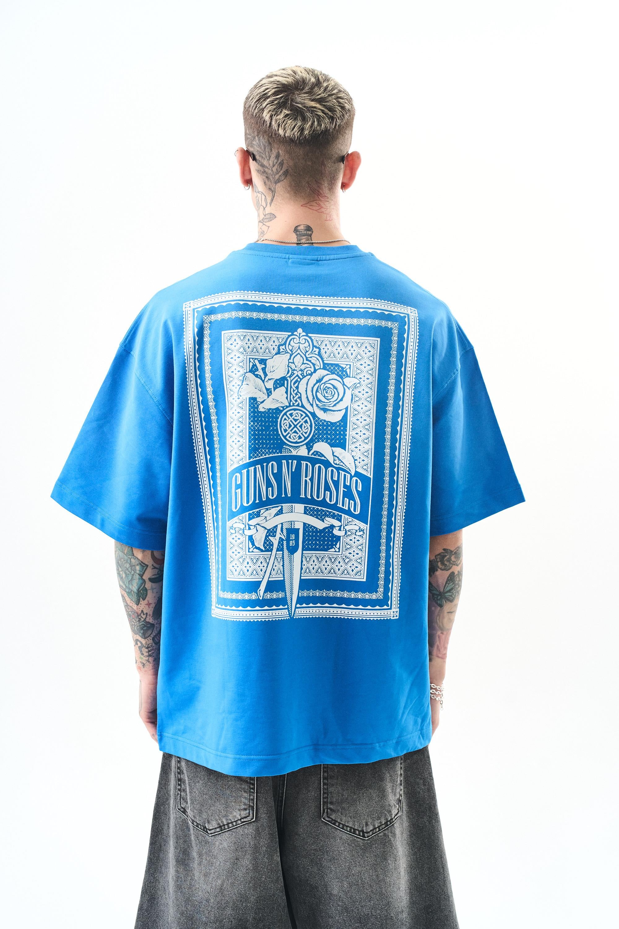 Erkek Guns Roses Baskılı Oversize T-Shirt Mavi