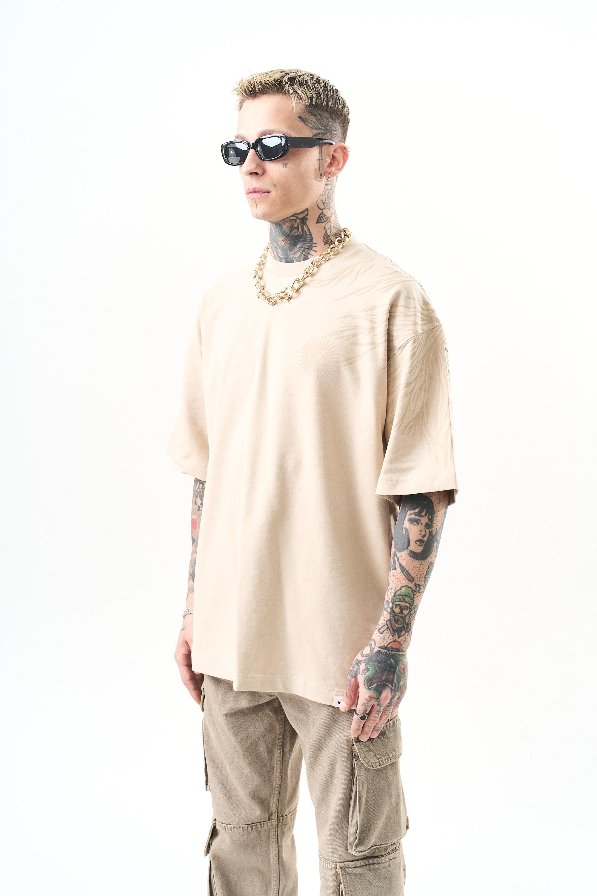 Erkek Hand Baskılı Oversize T-Shirt Bej