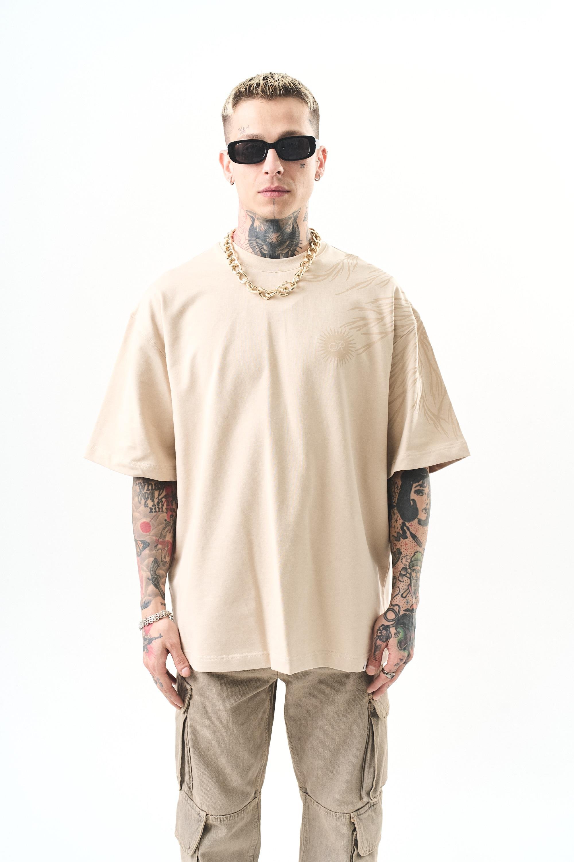 Erkek Hand Baskılı Oversize T-Shirt Bej