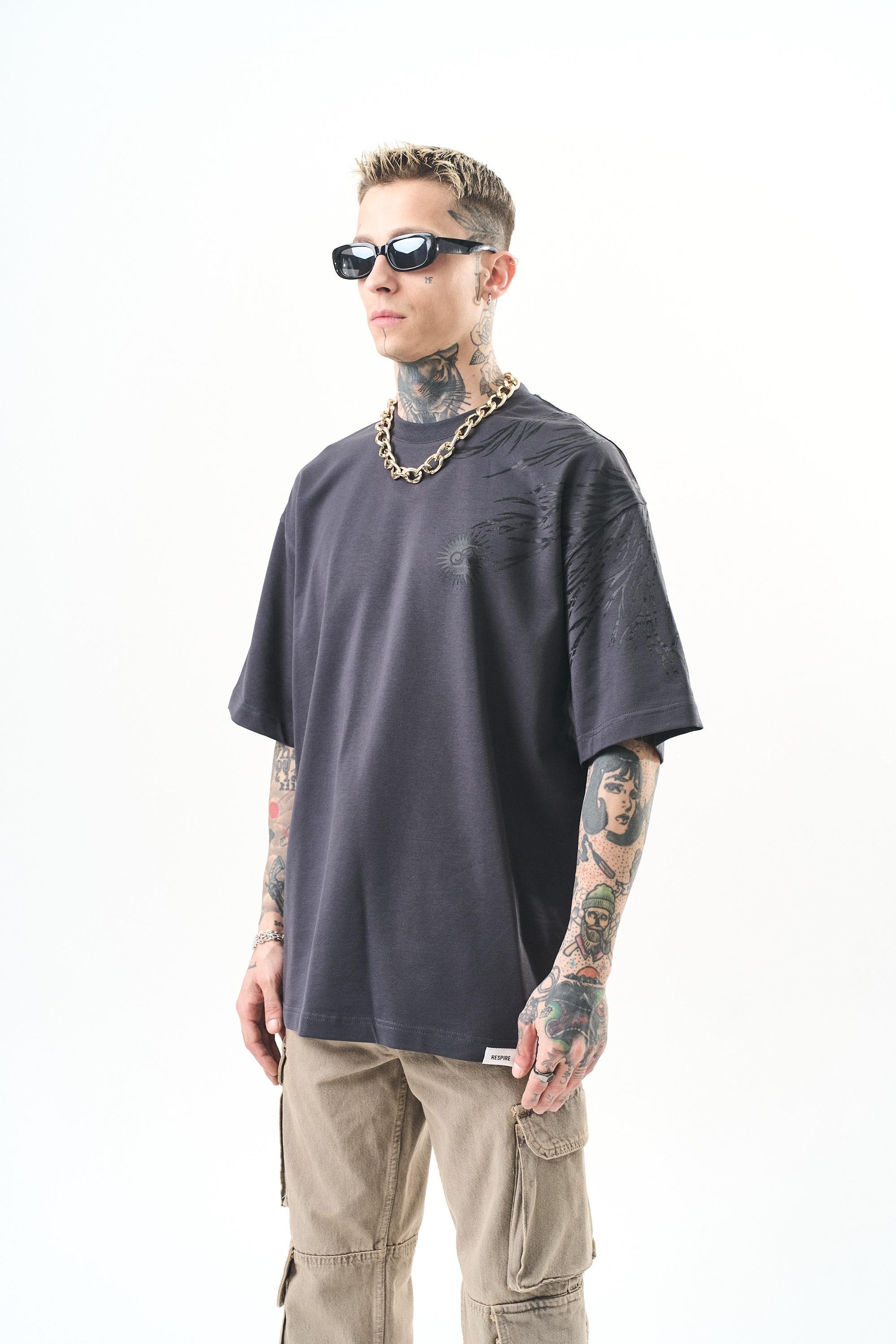Erkek Hand Baskılı Oversize T-Shirt Füme