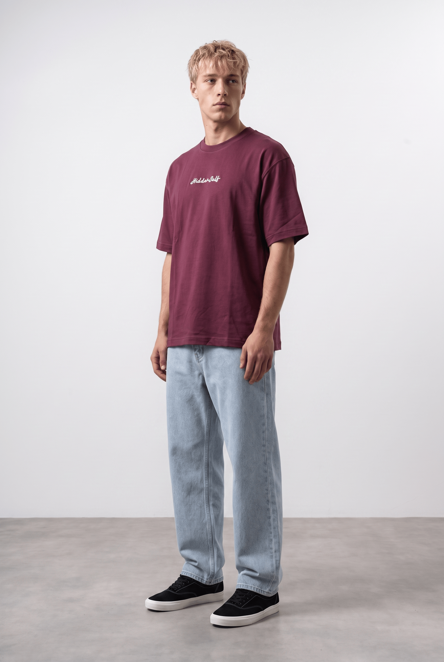 Erkek Hidden Self Baskılı Oversize T-Shirt Bordo