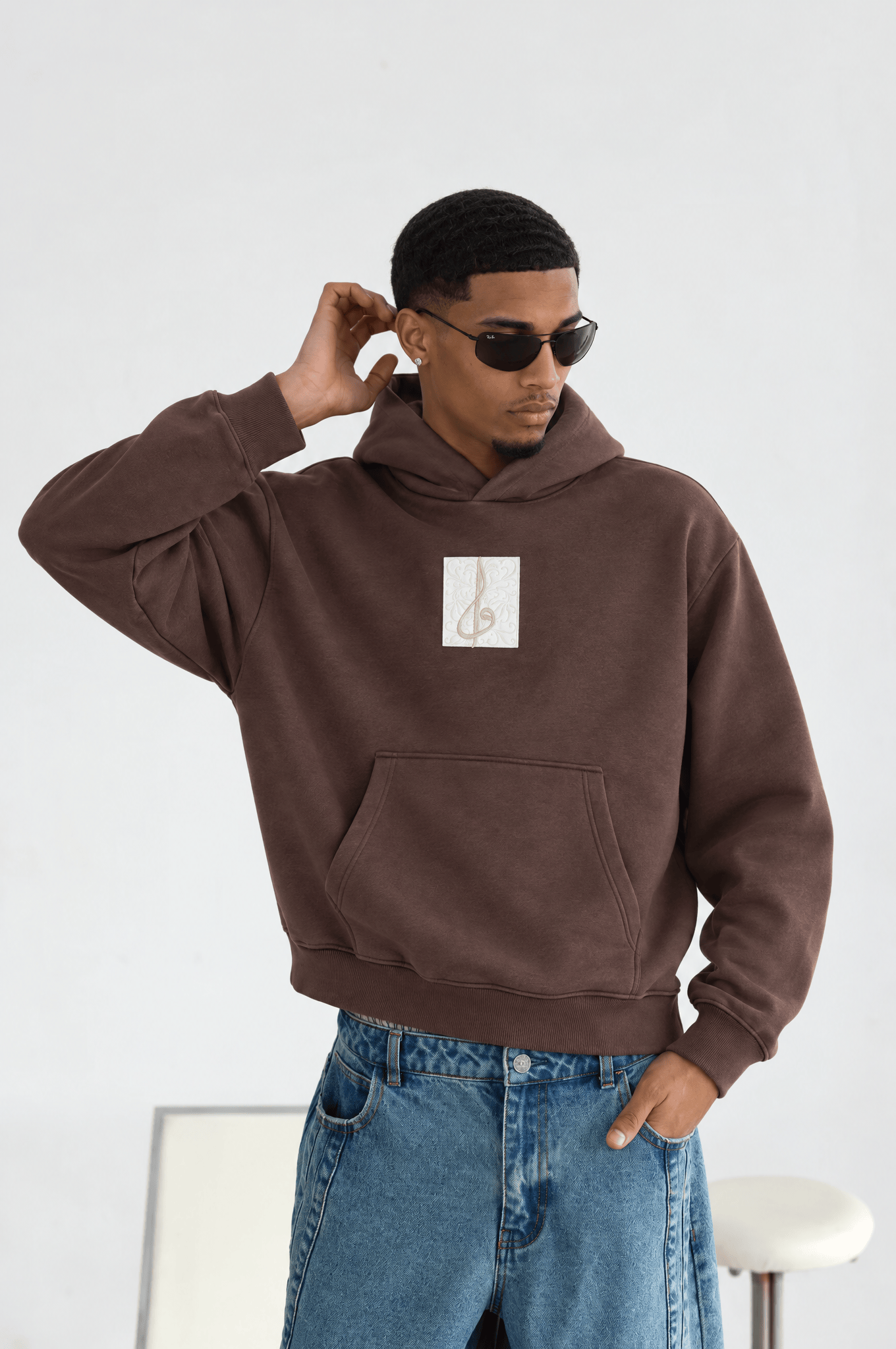 Erkek Horse Patch Detaylı Oversize Hoodie Kahve