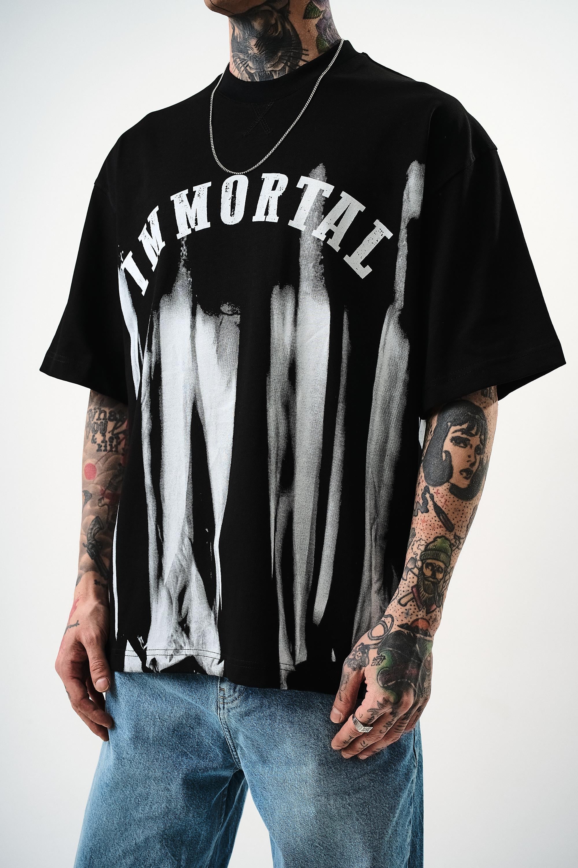 Erkek İmmortal Baskılı Oversize T-Shirt Siyah