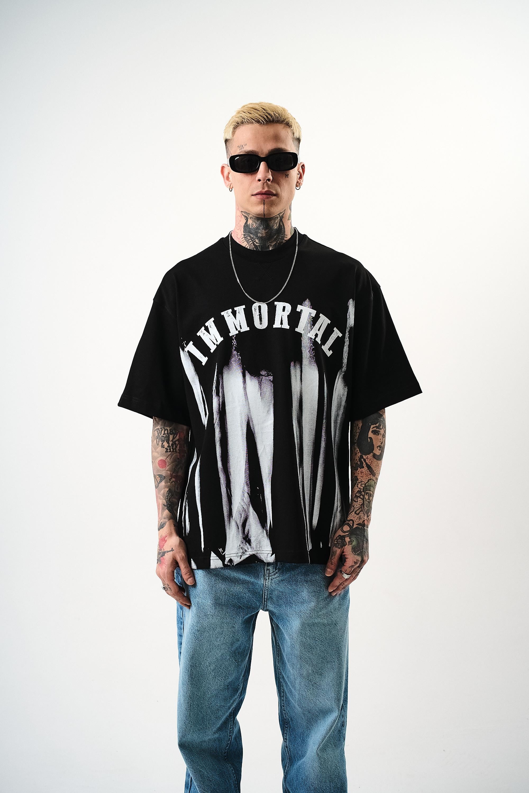Erkek İmmortal Baskılı Oversize T-Shirt Siyah