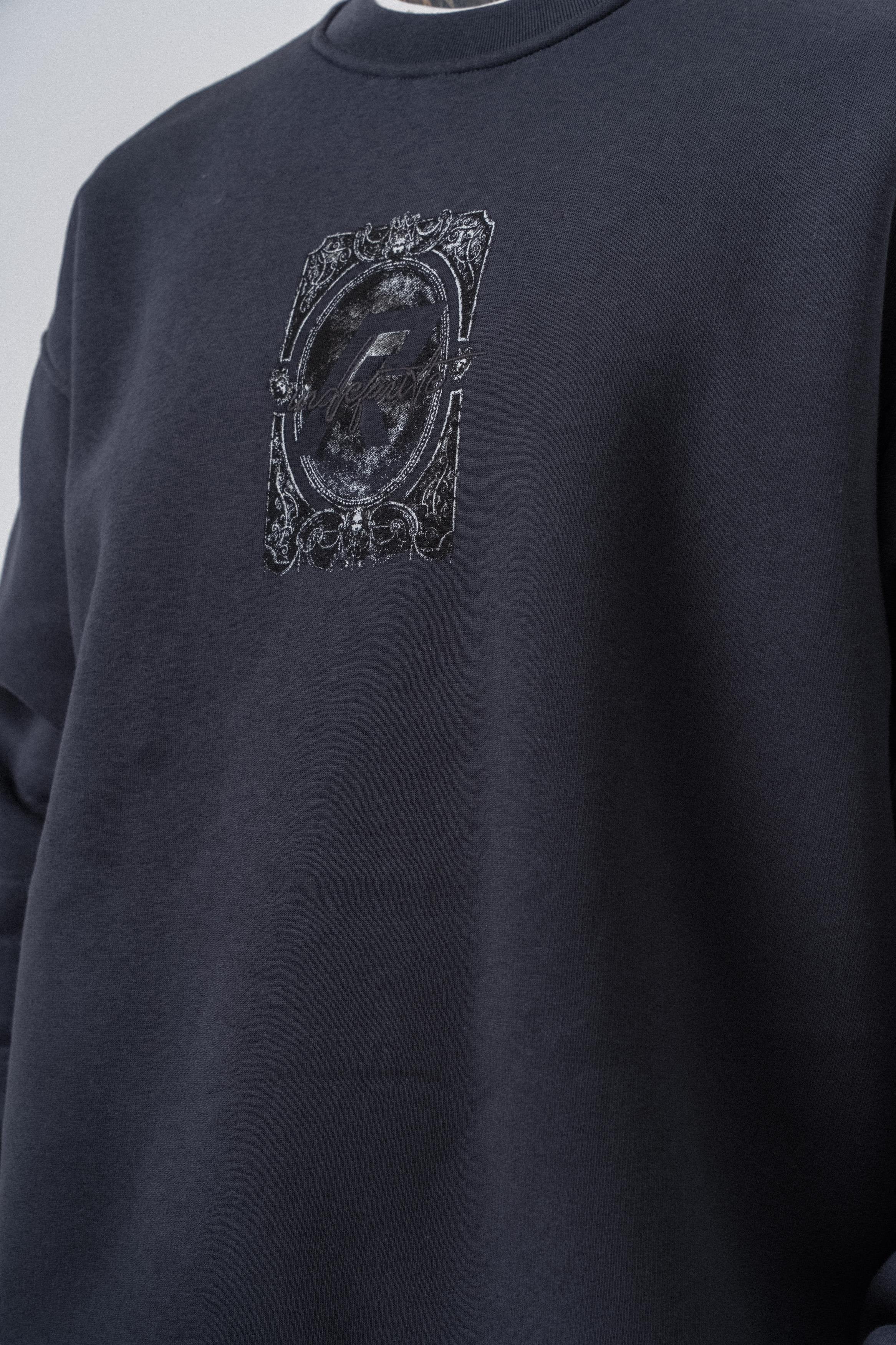Erkek Indefinite Baskılı Bisiklet Yaka Oversize Sweatshirt Füme