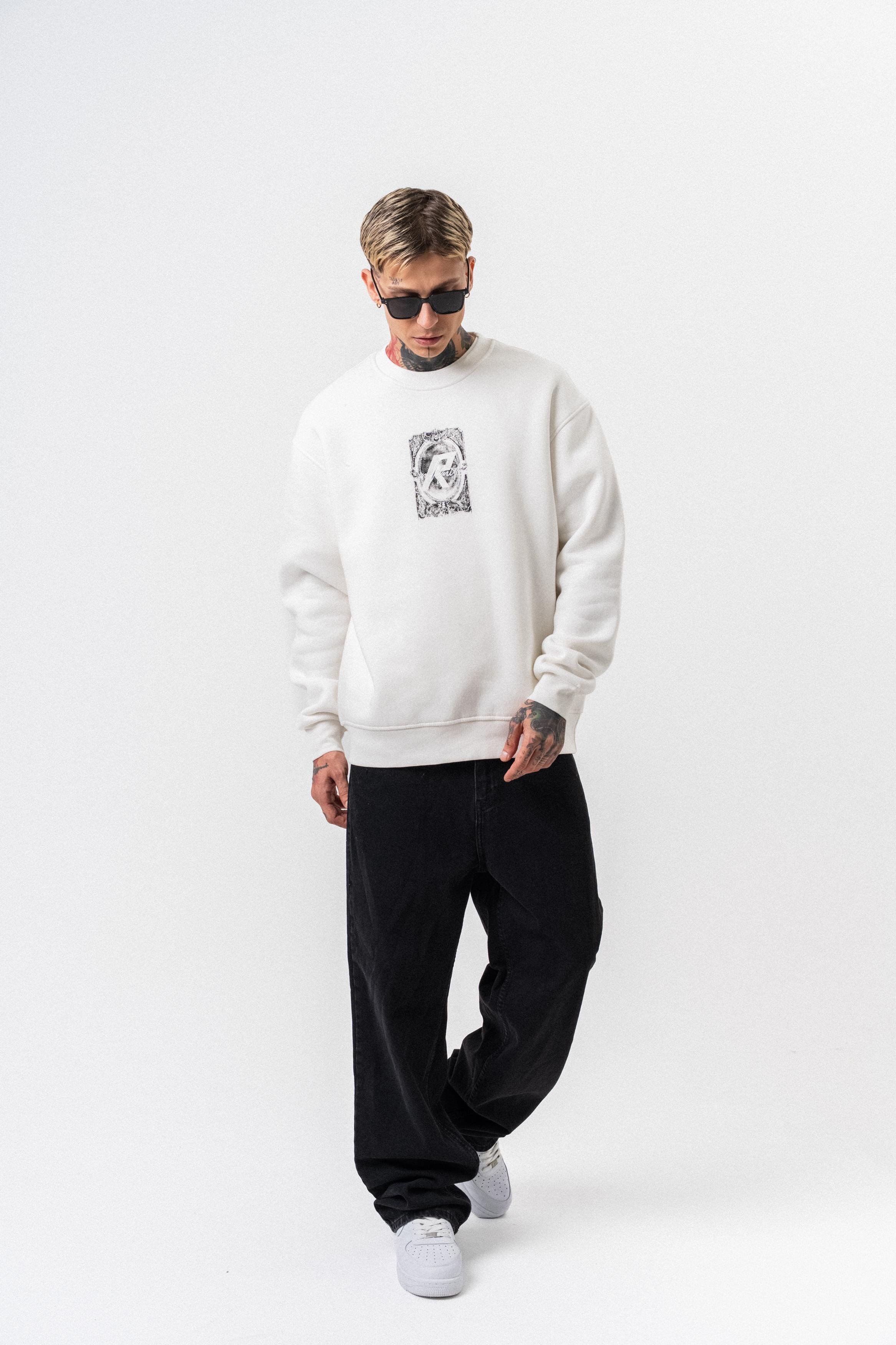 Erkek Indefinite Baskılı Bisiklet Yaka Oversize Sweatshirt Ekru