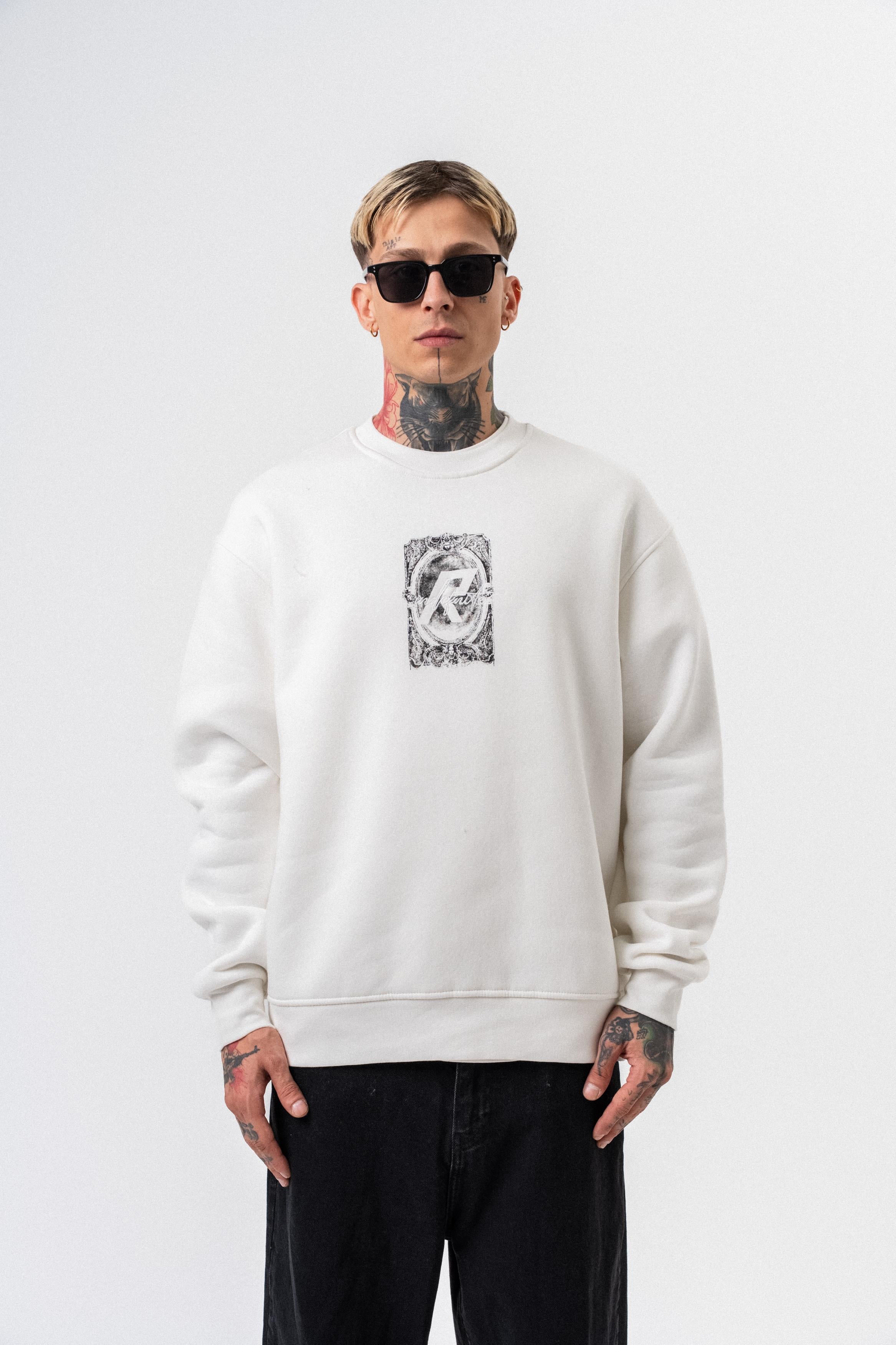 Erkek Indefinite Baskılı Bisiklet Yaka Oversize Sweatshirt Ekru