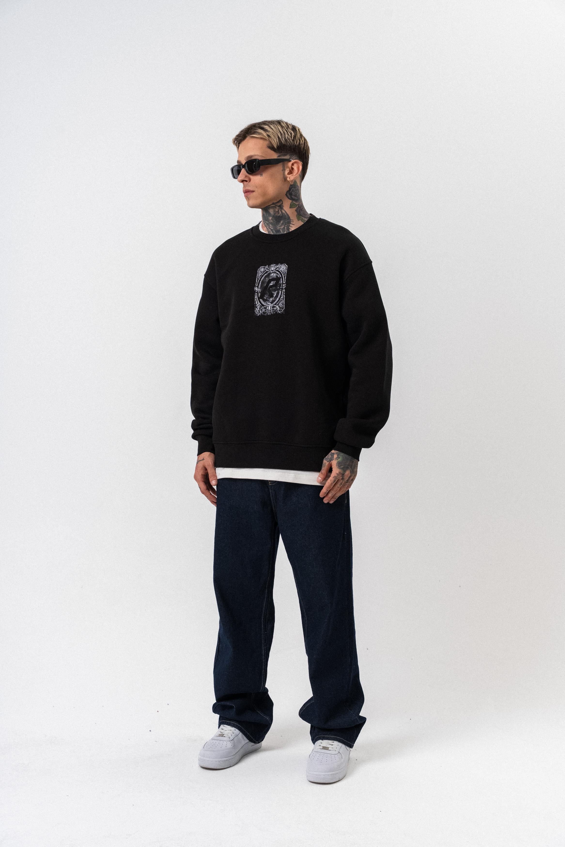 Erkek Indefinite Baskılı Bisiklet Yaka Oversize Sweatshirt Siyah
