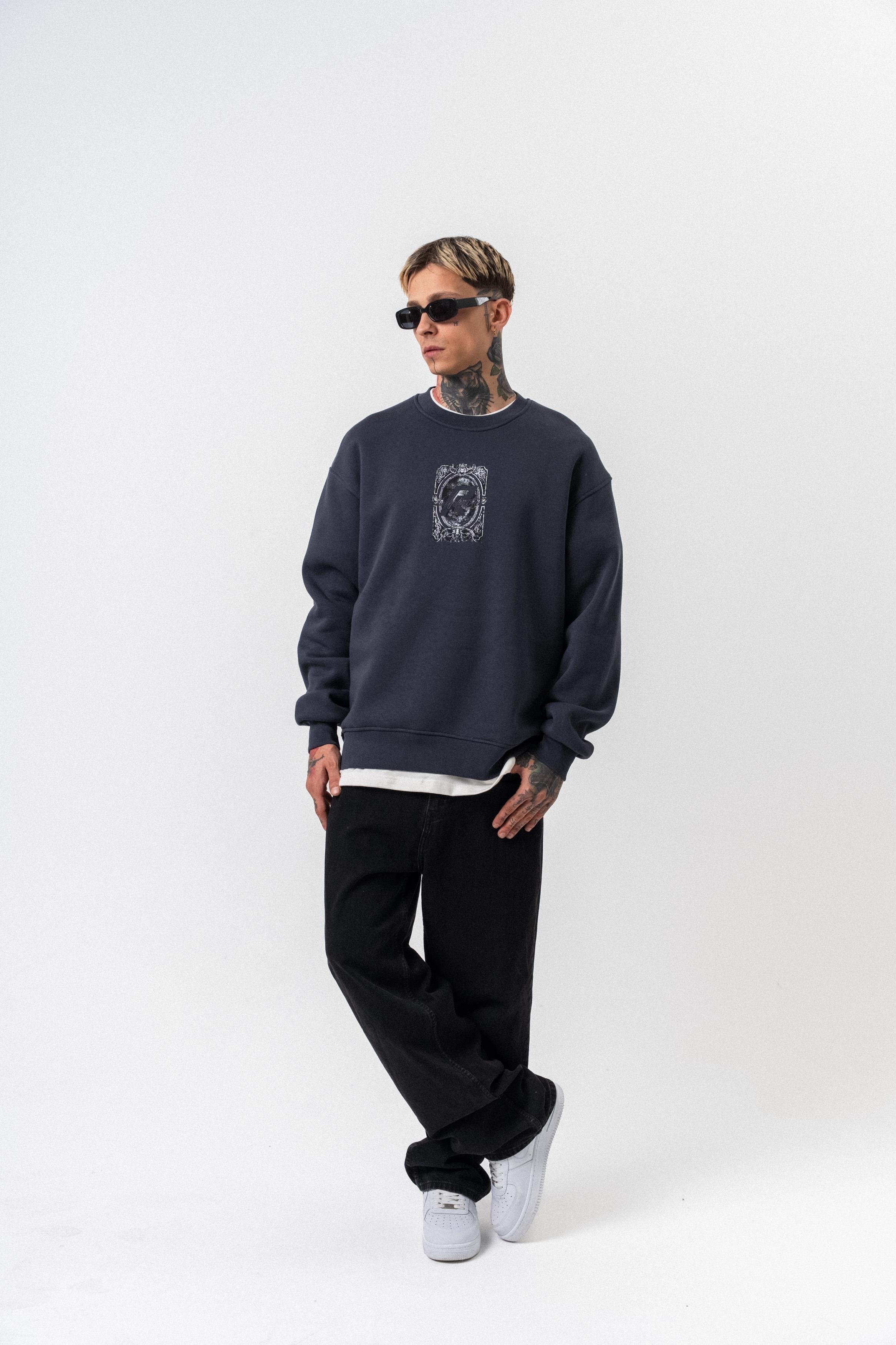 Erkek Indefinite Baskılı Bisiklet Yaka Oversize Sweatshirt Füme