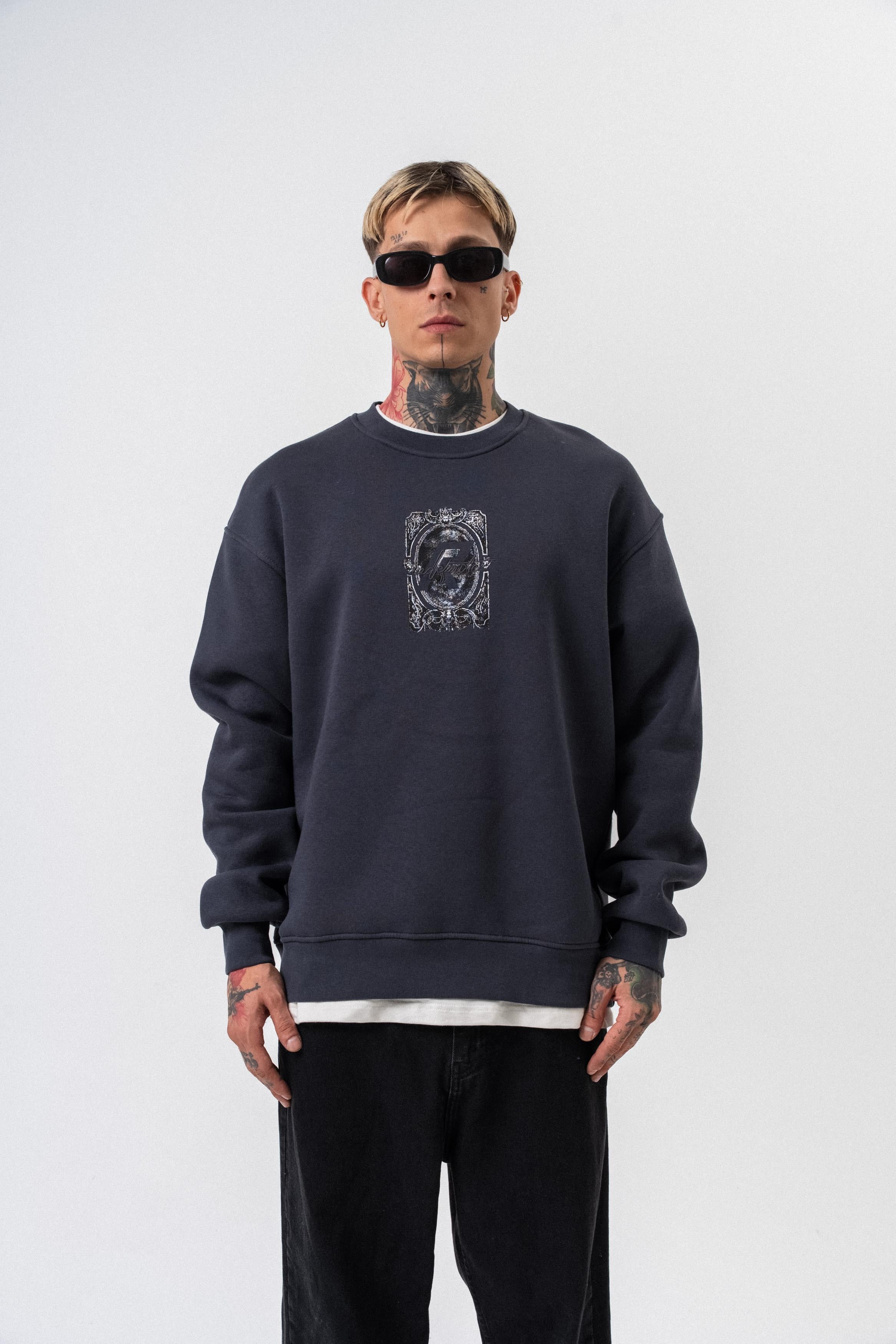 Erkek Indefinite Baskılı Bisiklet Yaka Oversize Sweatshirt Füme