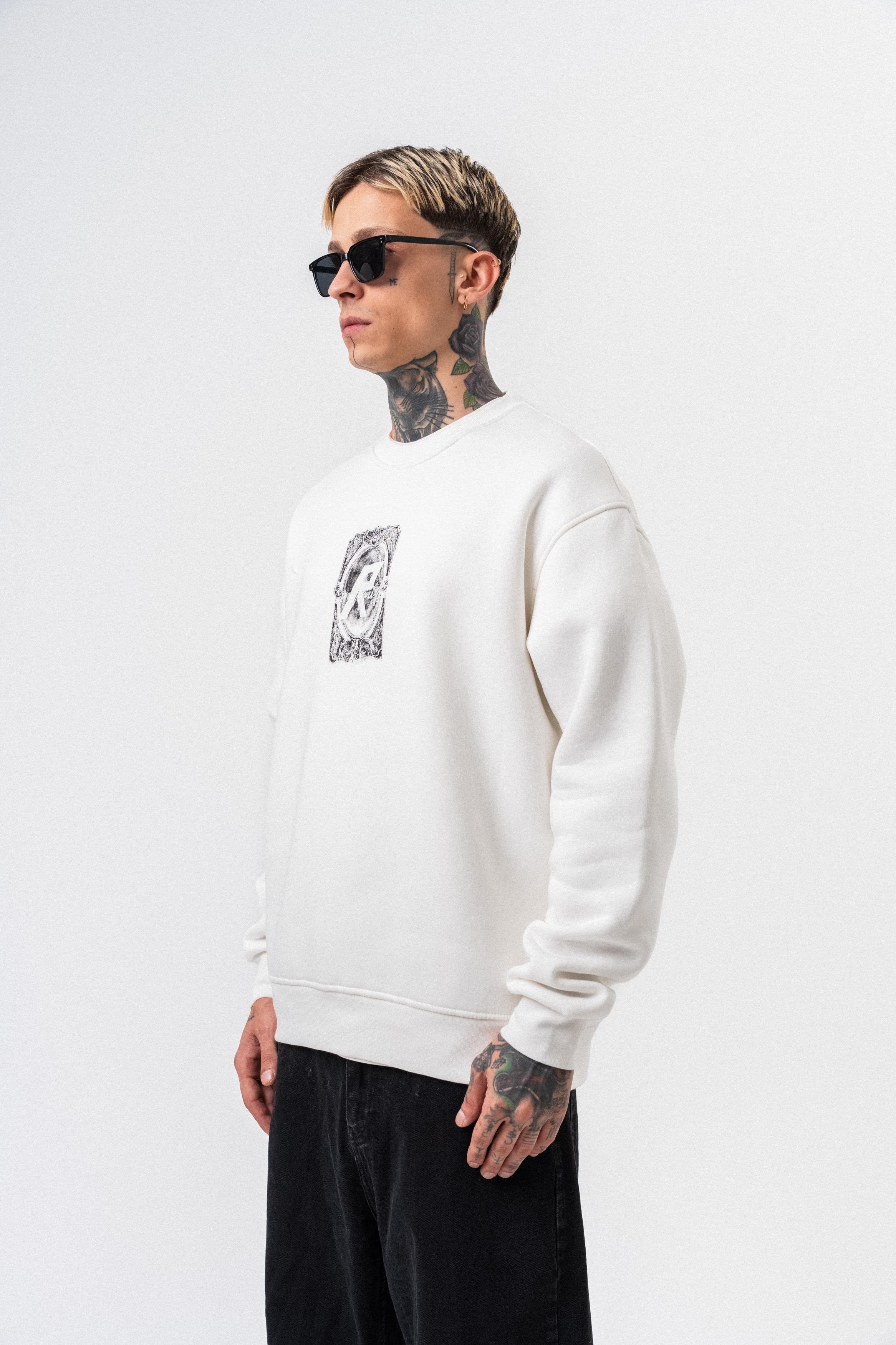 Erkek Indefinite Baskılı Bisiklet Yaka Oversize Sweatshirt Ekru