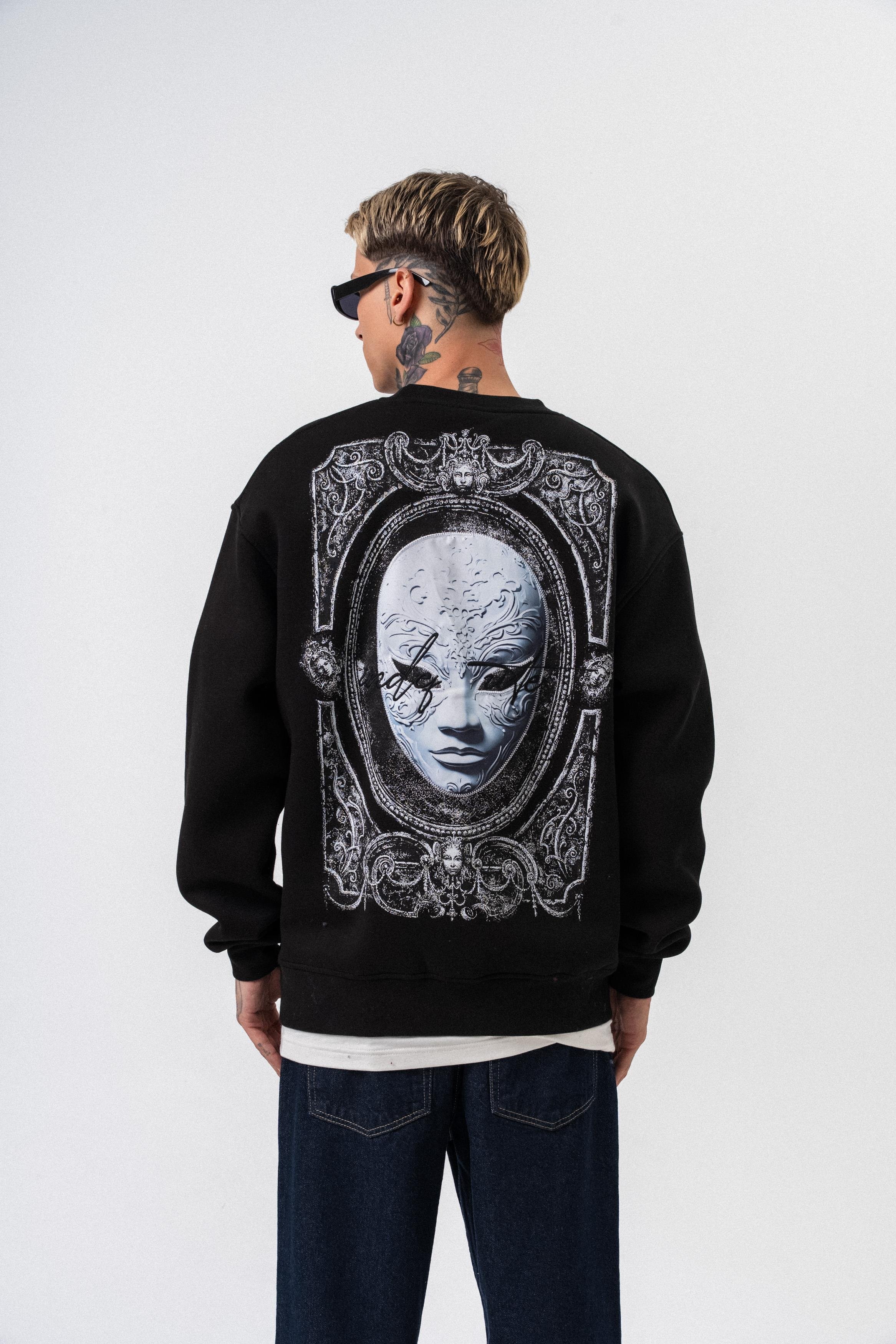 Erkek Indefinite Baskılı Bisiklet Yaka Oversize Sweatshirt Siyah