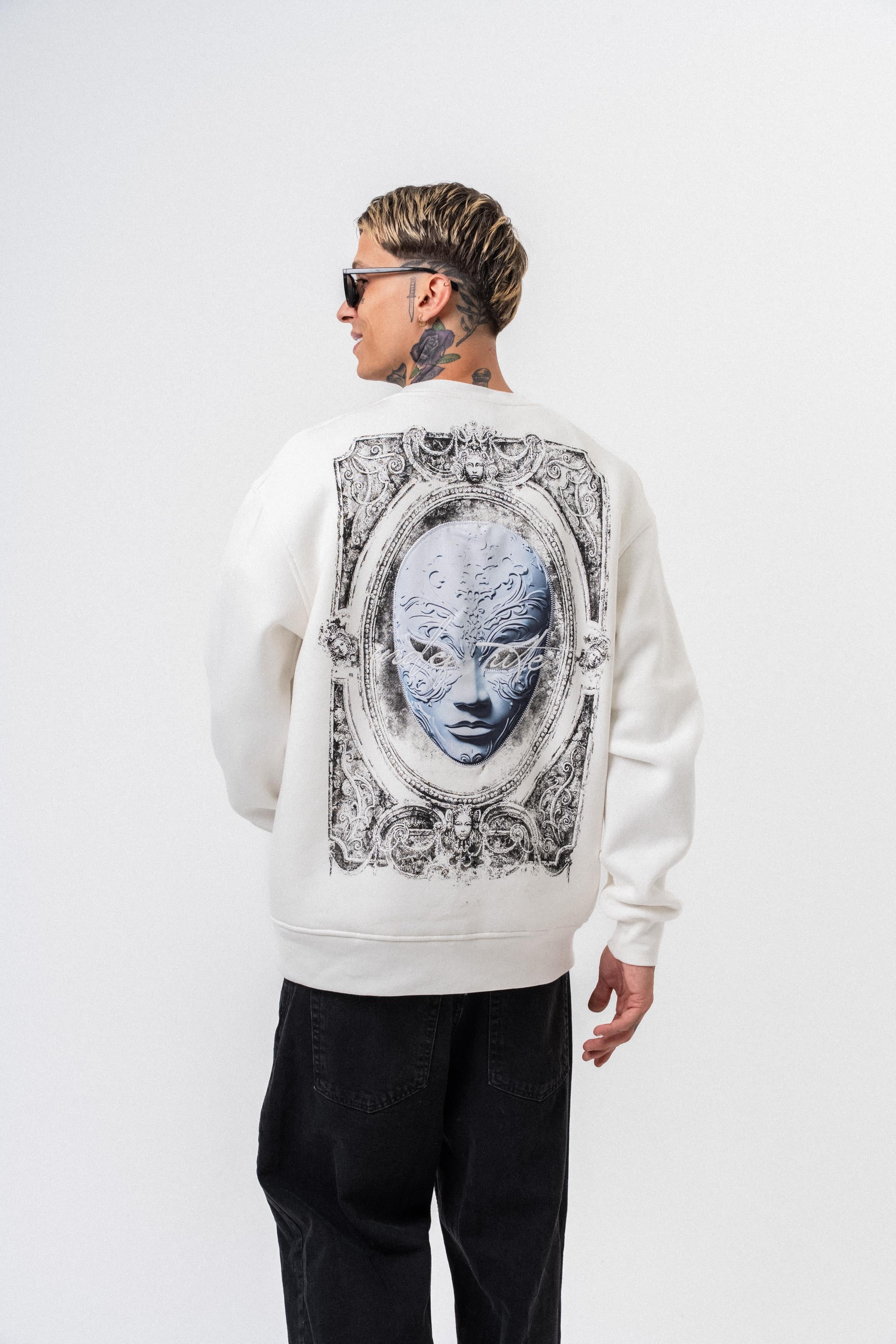 Erkek Indefinite Baskılı Bisiklet Yaka Oversize Sweatshirt Ekru