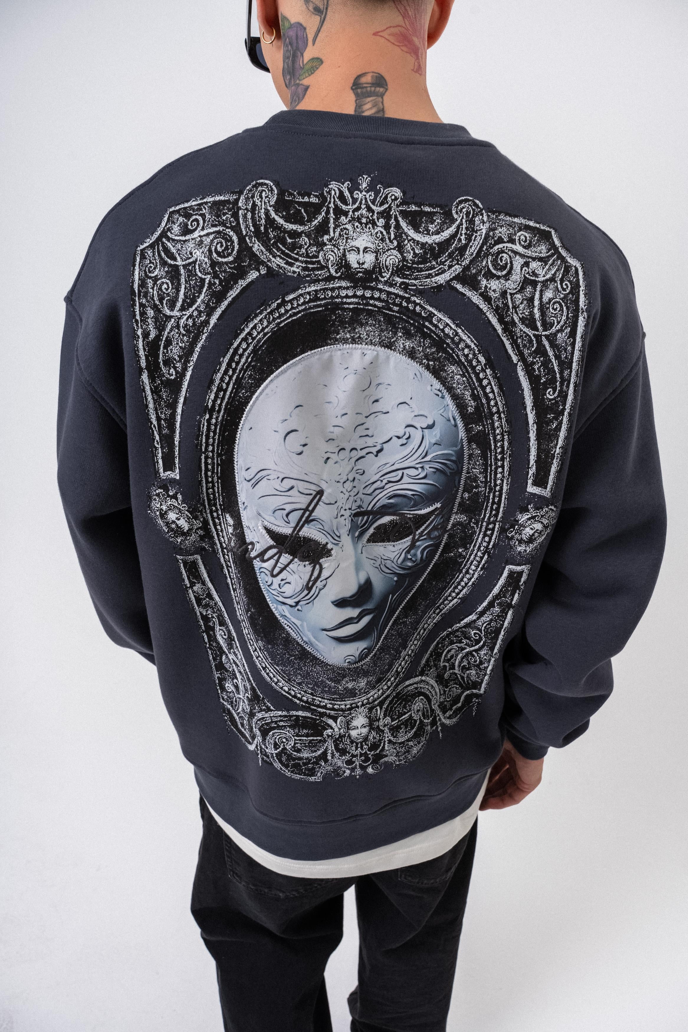 Erkek Indefinite Baskılı Bisiklet Yaka Oversize Sweatshirt Füme