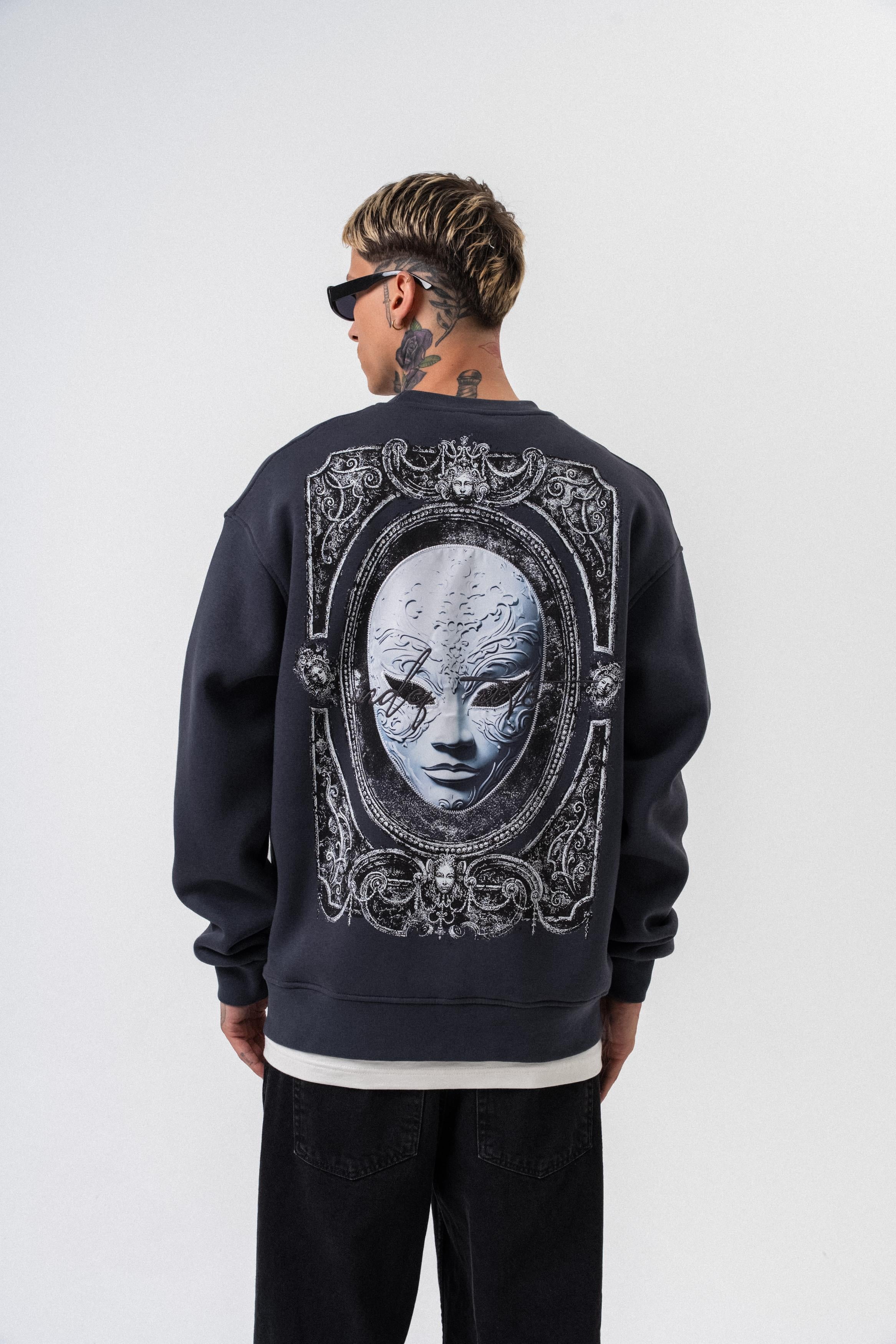 Erkek Indefinite Baskılı Bisiklet Yaka Oversize Sweatshirt Füme