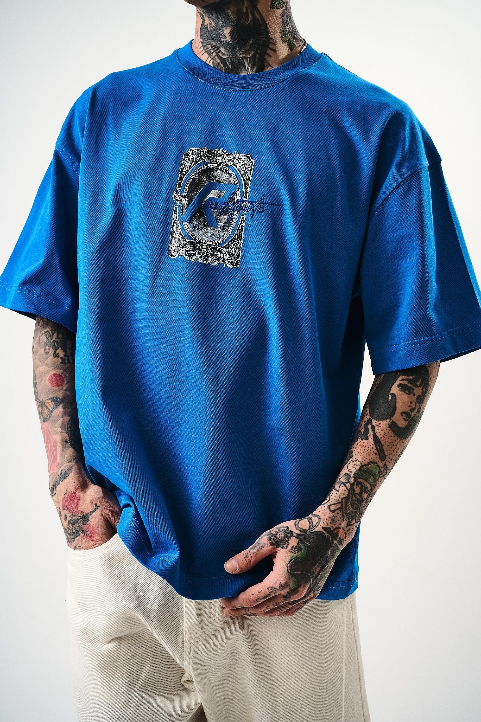 Erkek Indefinite Baskılı Oversize T-Shirt Mavi