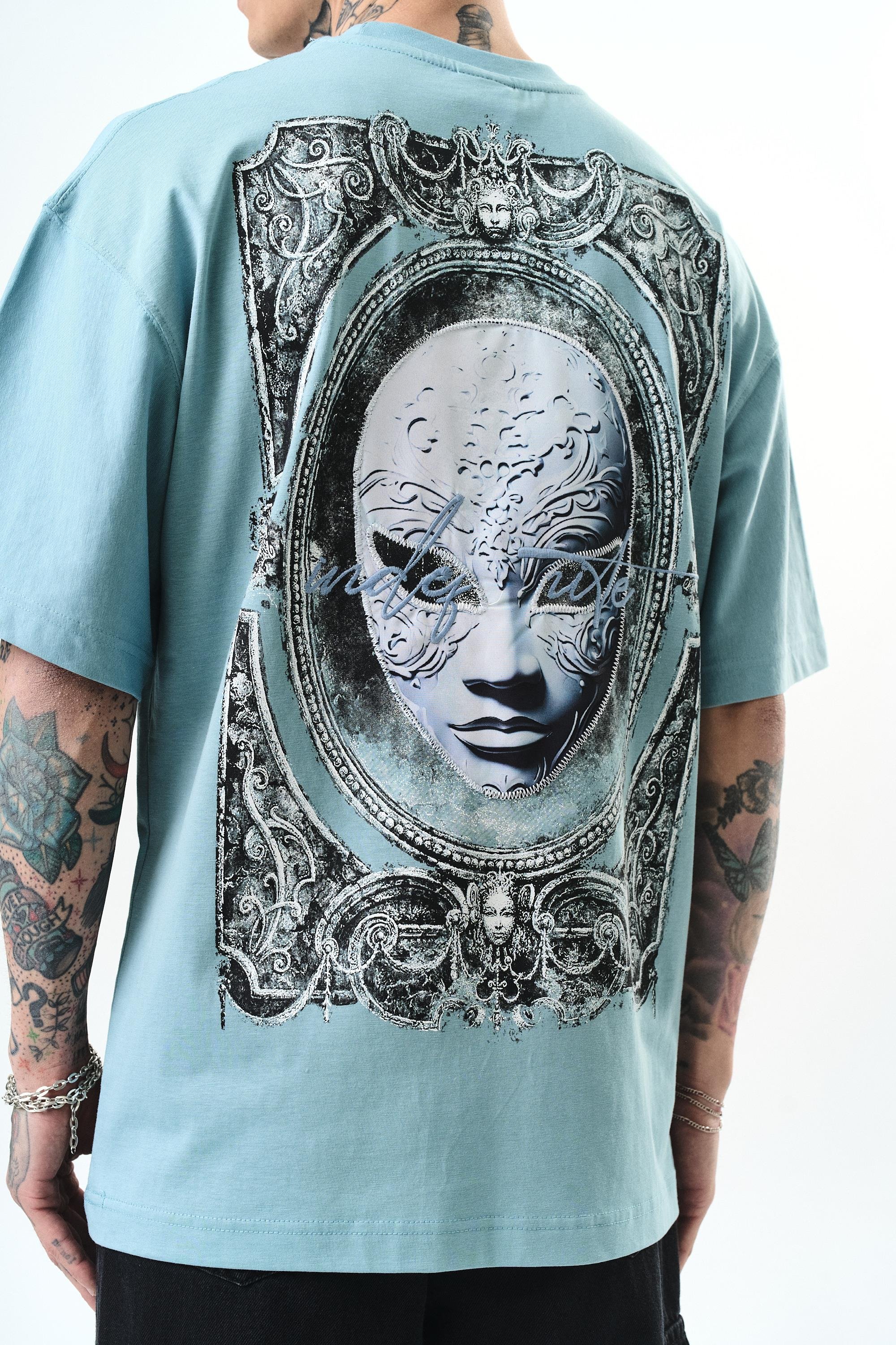 Erkek Indefinite Baskılı Oversize T-Shirt Bebe Mavi