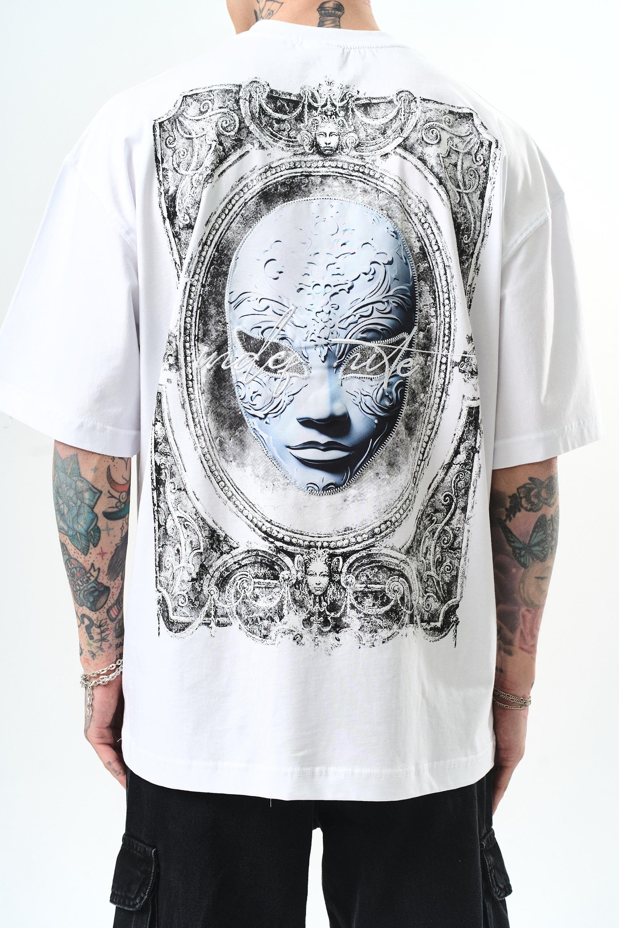 Erkek Indefinite Baskılı Oversize T-Shirt Beyaz