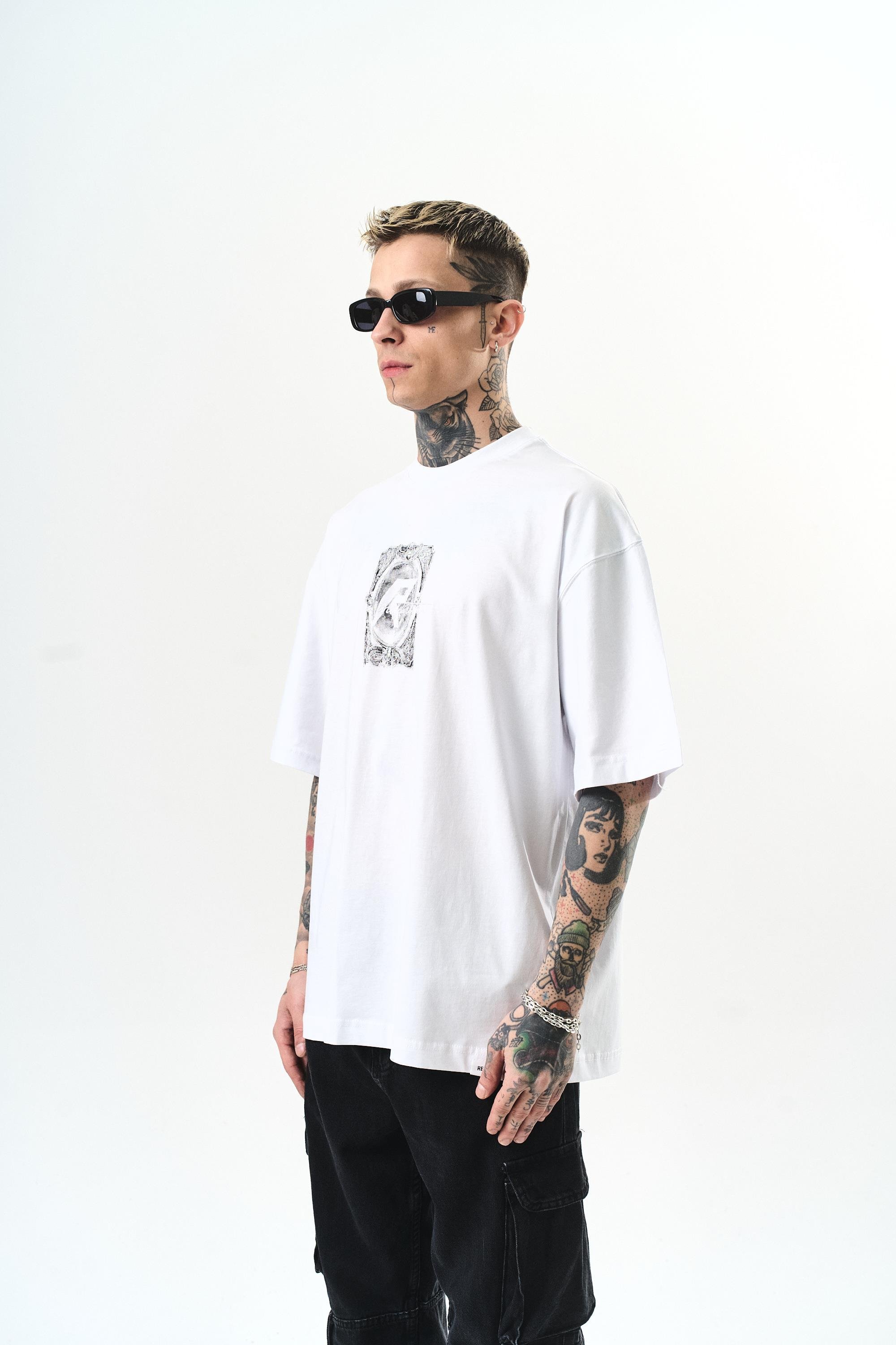 Erkek Indefinite Baskılı Oversize T-Shirt Beyaz