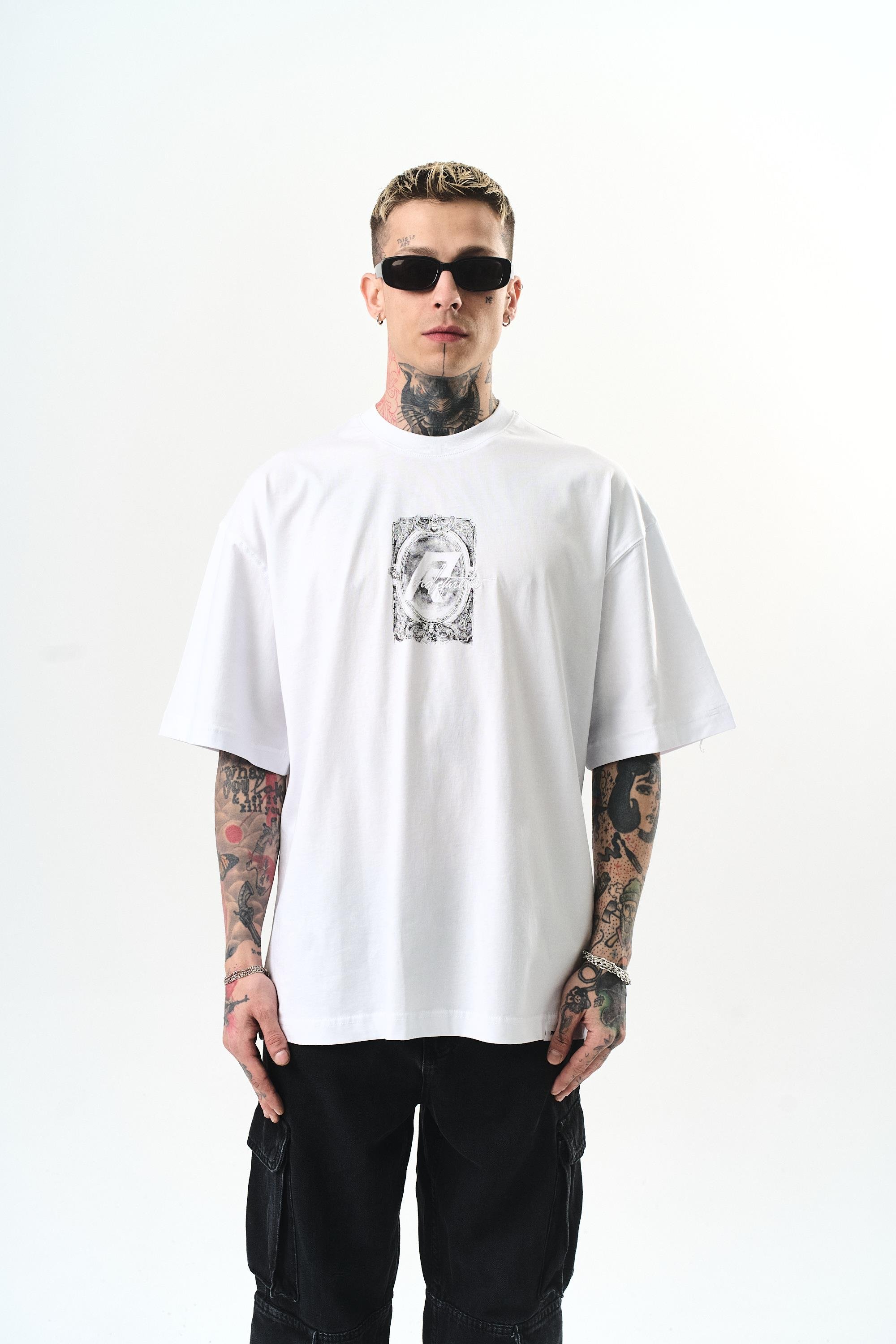 Erkek Indefinite Baskılı Oversize T-Shirt Beyaz
