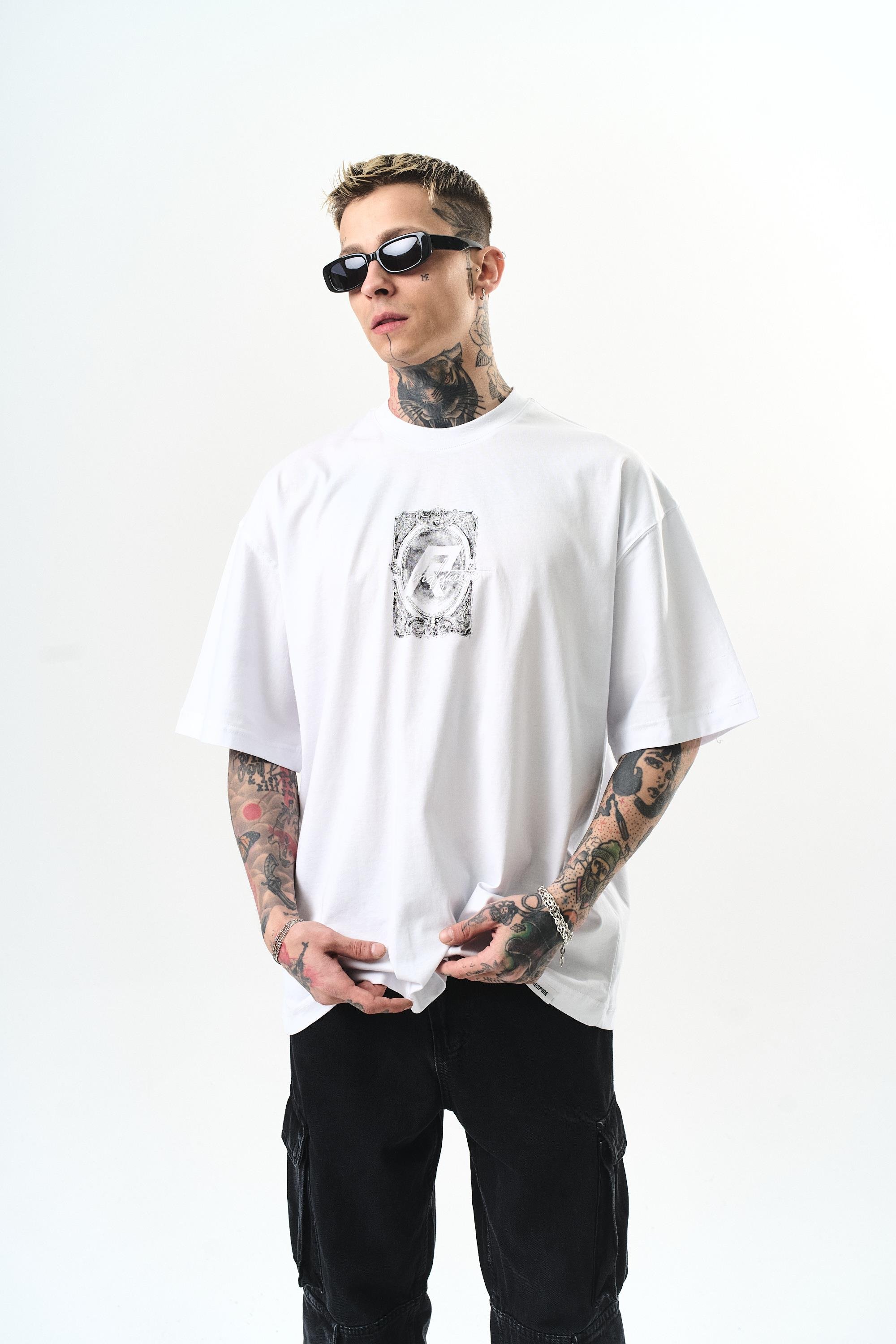 Erkek Indefinite Baskılı Oversize T-Shirt Beyaz