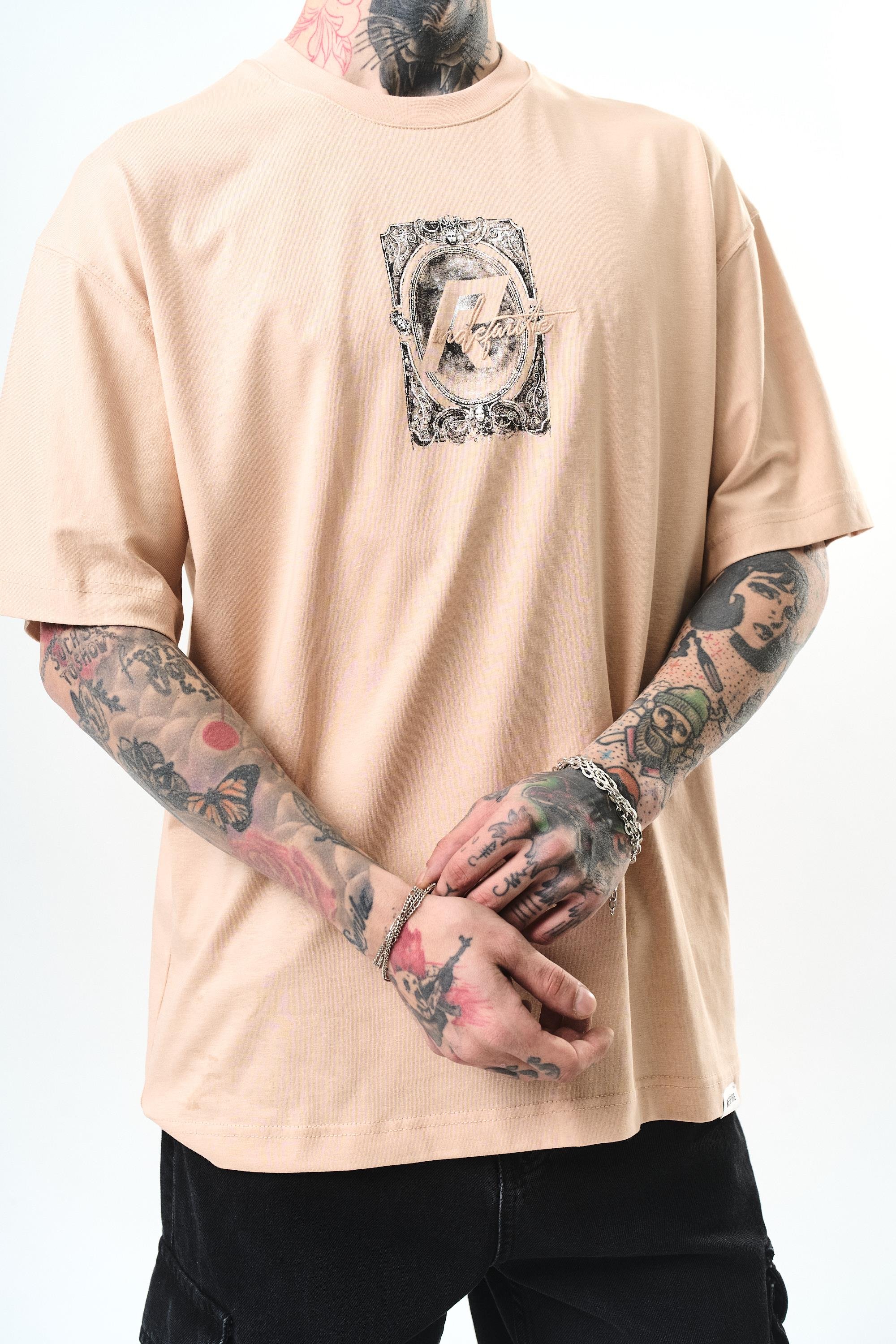 Erkek Indefinite Baskılı Oversize T-Shirt Bej