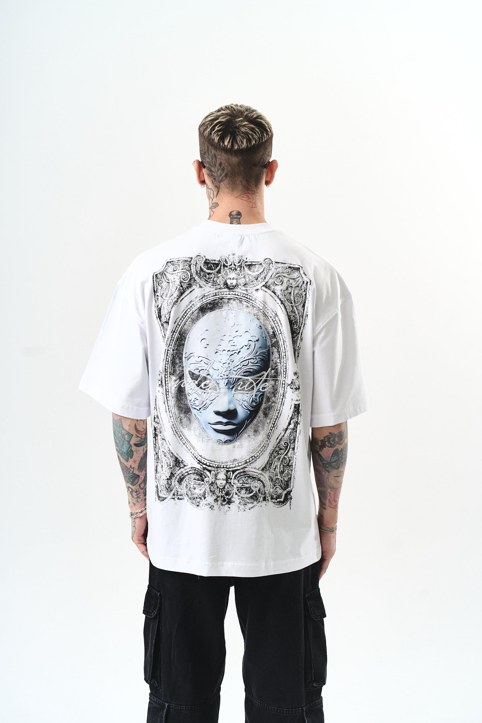 Erkek Indefinite Baskılı Oversize T-Shirt Beyaz