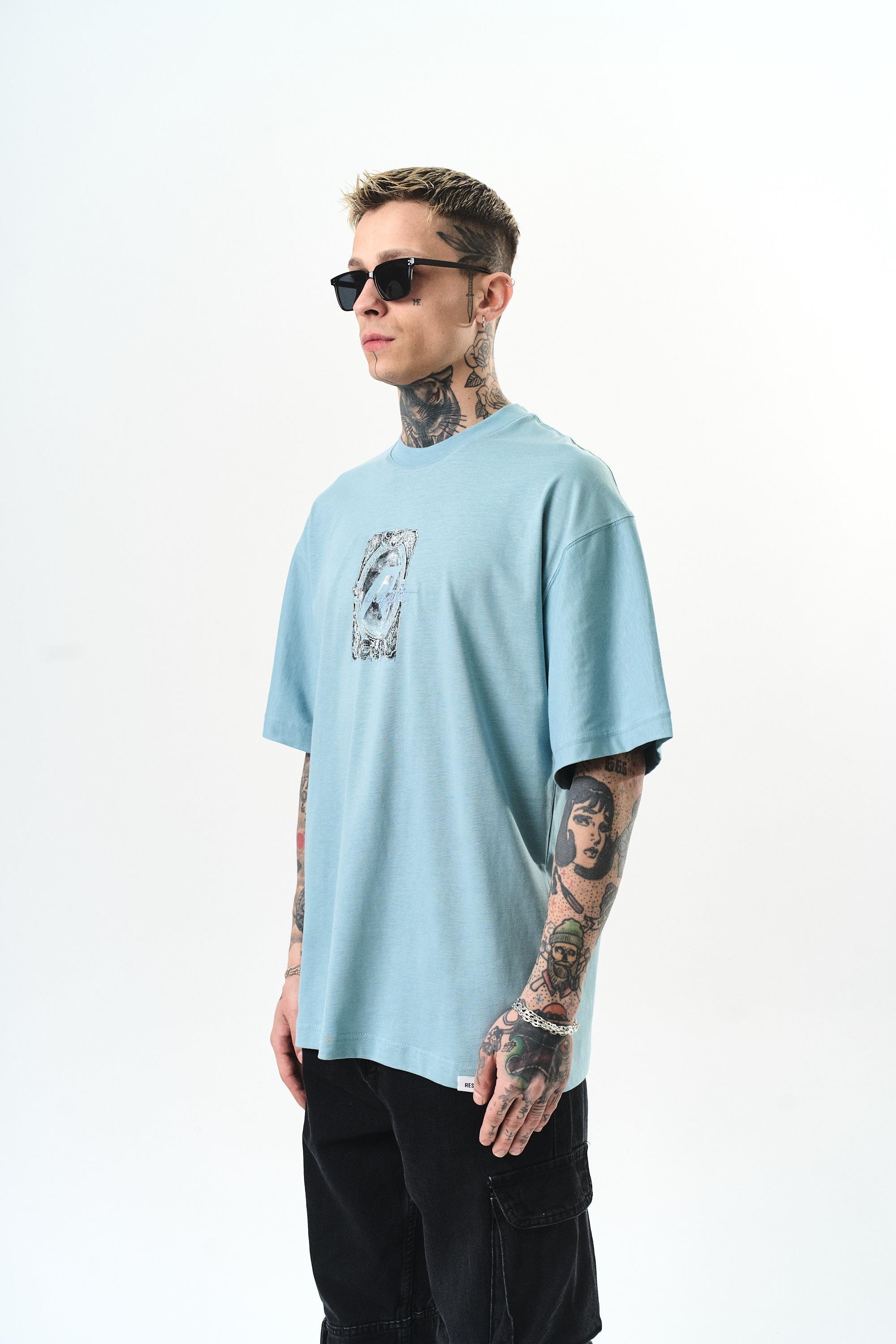 Erkek Indefinite Baskılı Oversize T-Shirt Bebe Mavi