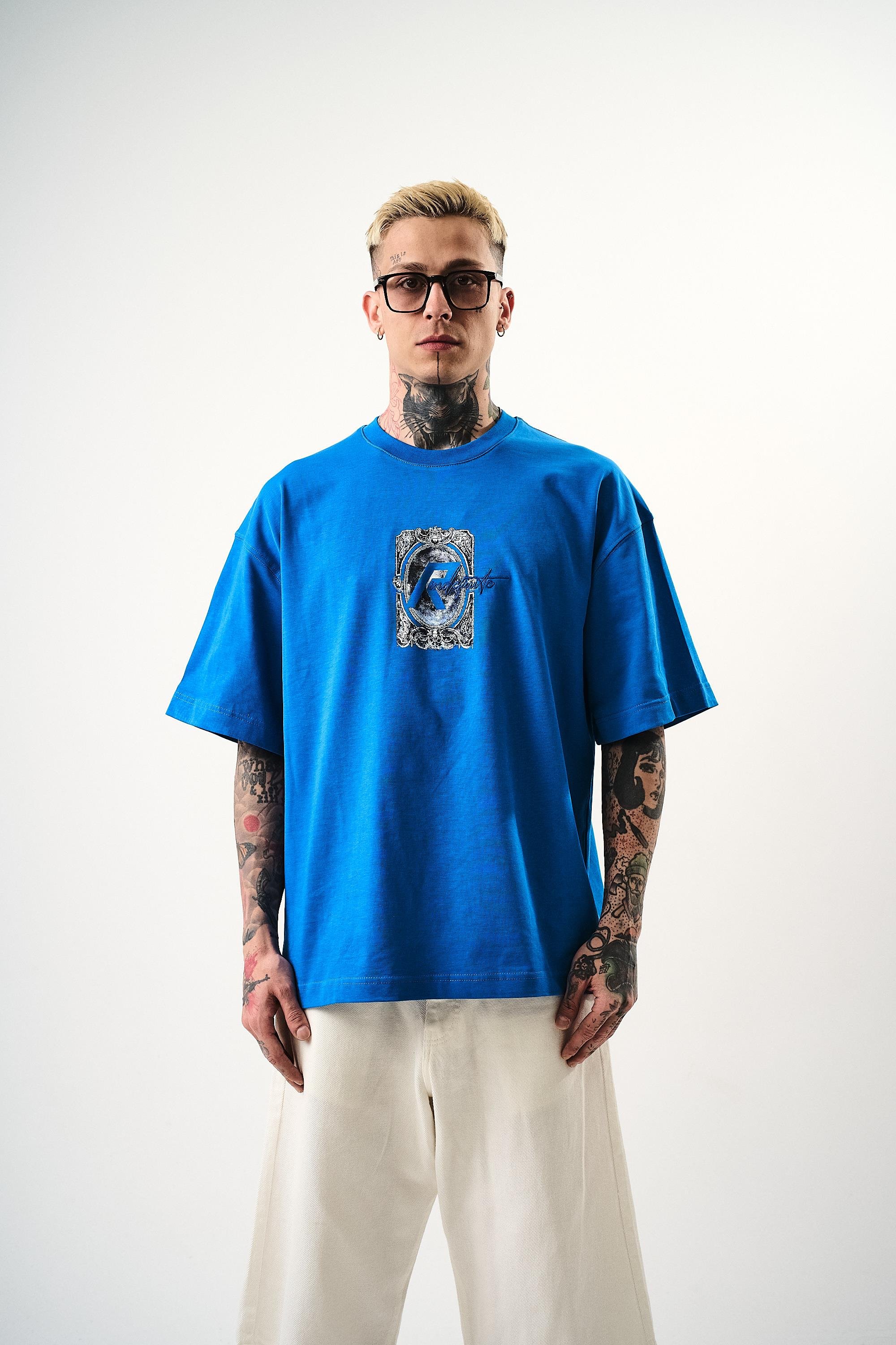 Erkek Indefinite Baskılı Oversize T-Shirt Mavi