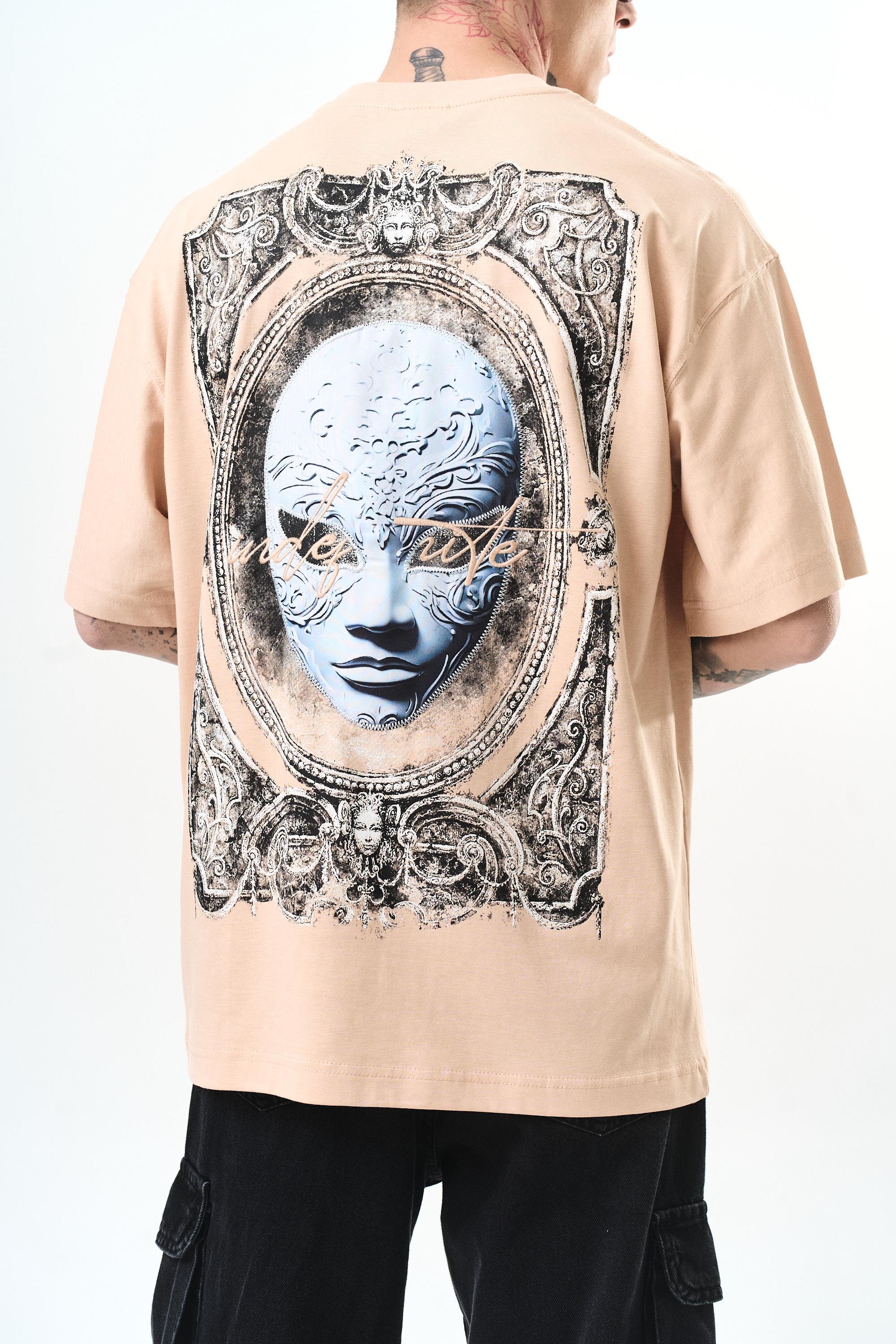 Erkek Indefinite Baskılı Oversize T-Shirt Bej