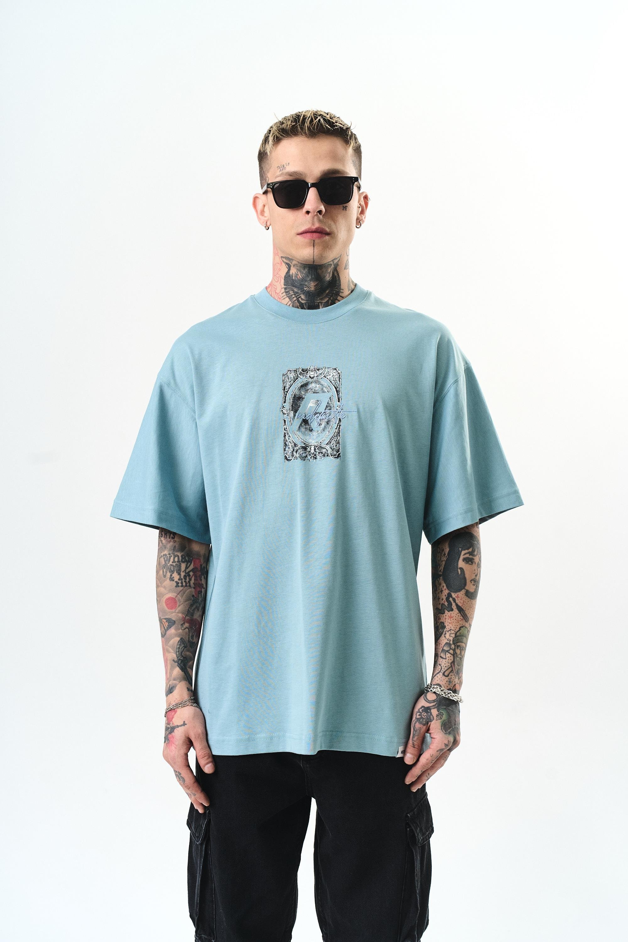 Erkek Indefinite Baskılı Oversize T-Shirt Bebe Mavi
