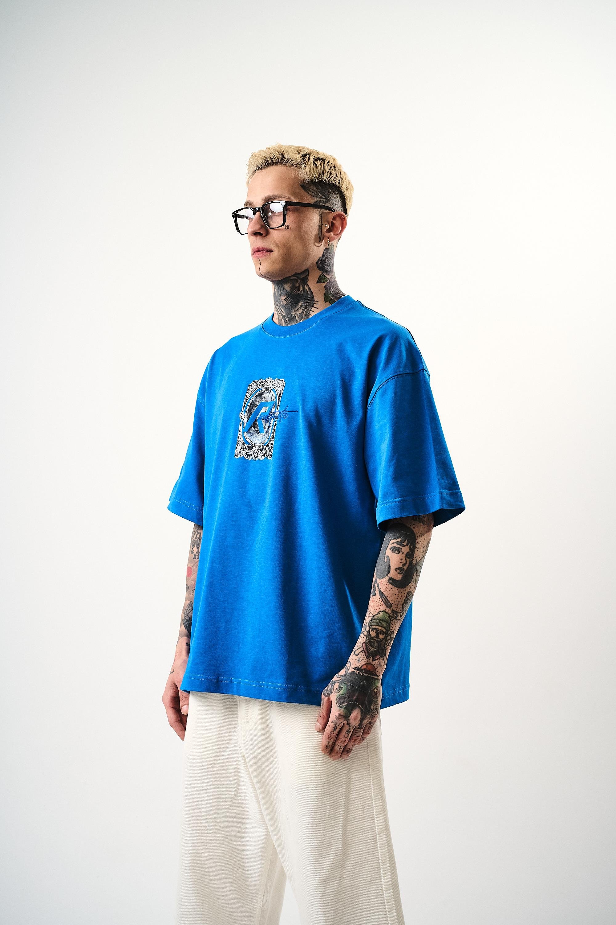 Erkek Indefinite Baskılı Oversize T-Shirt Mavi