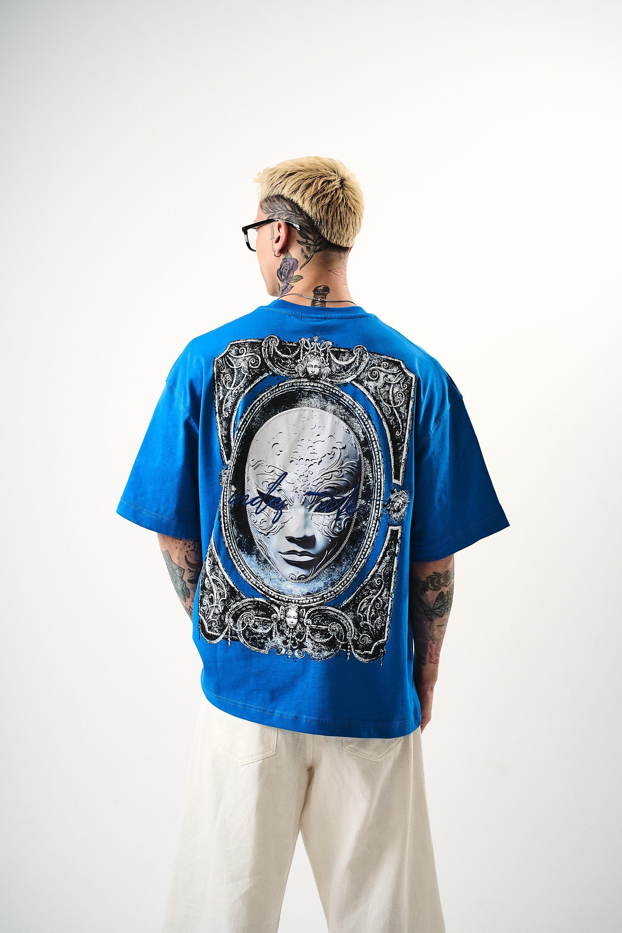 Erkek Indefinite Baskılı Oversize T-Shirt Mavi