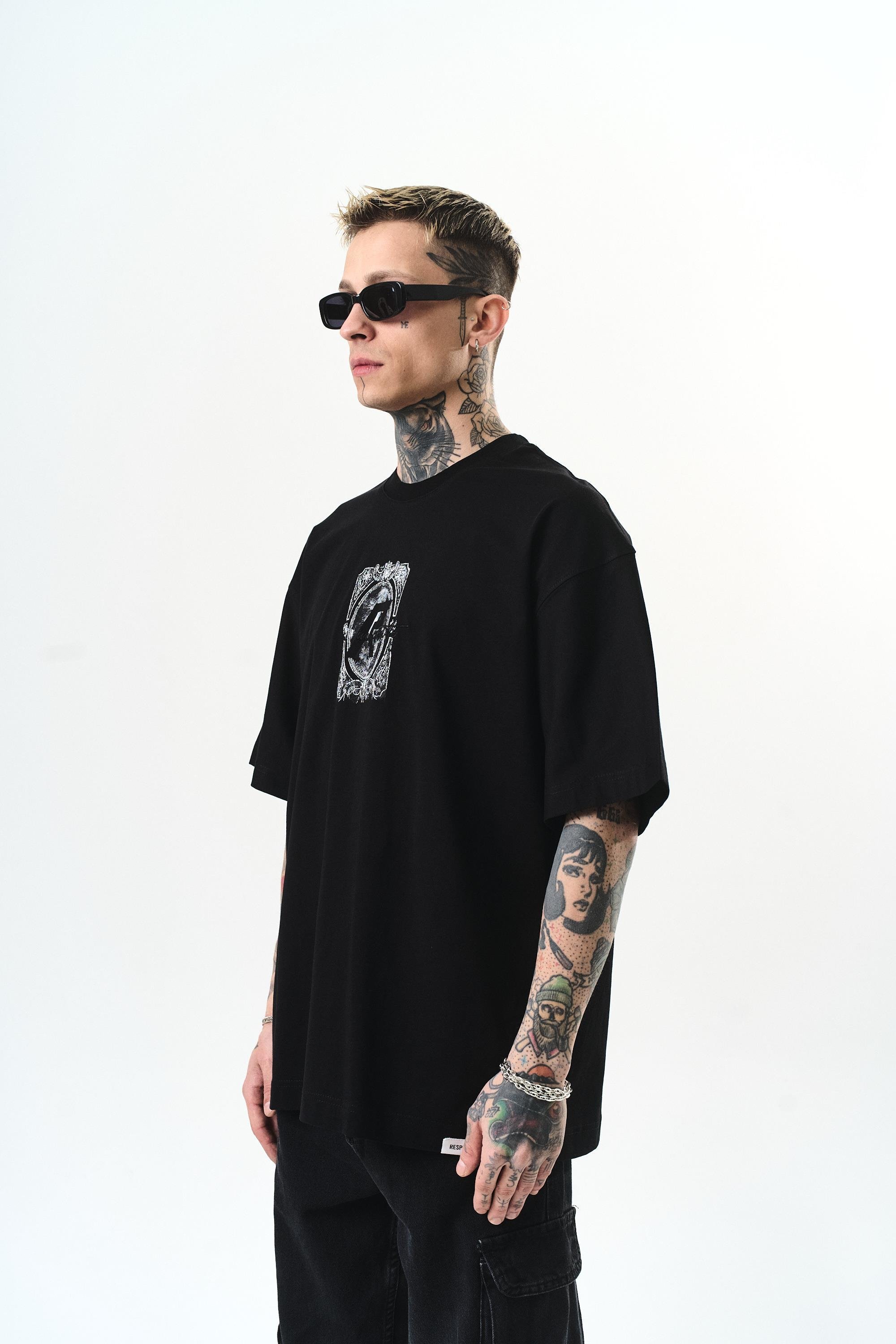 Erkek Indefinite Baskılı Oversize T-Shirt Siyah