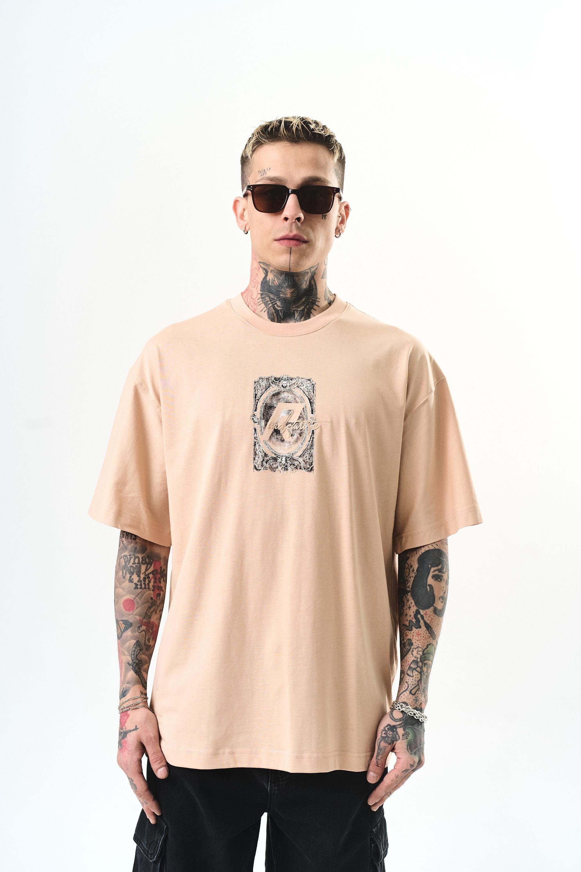 Erkek Indefinite Baskılı Oversize T-Shirt Bej